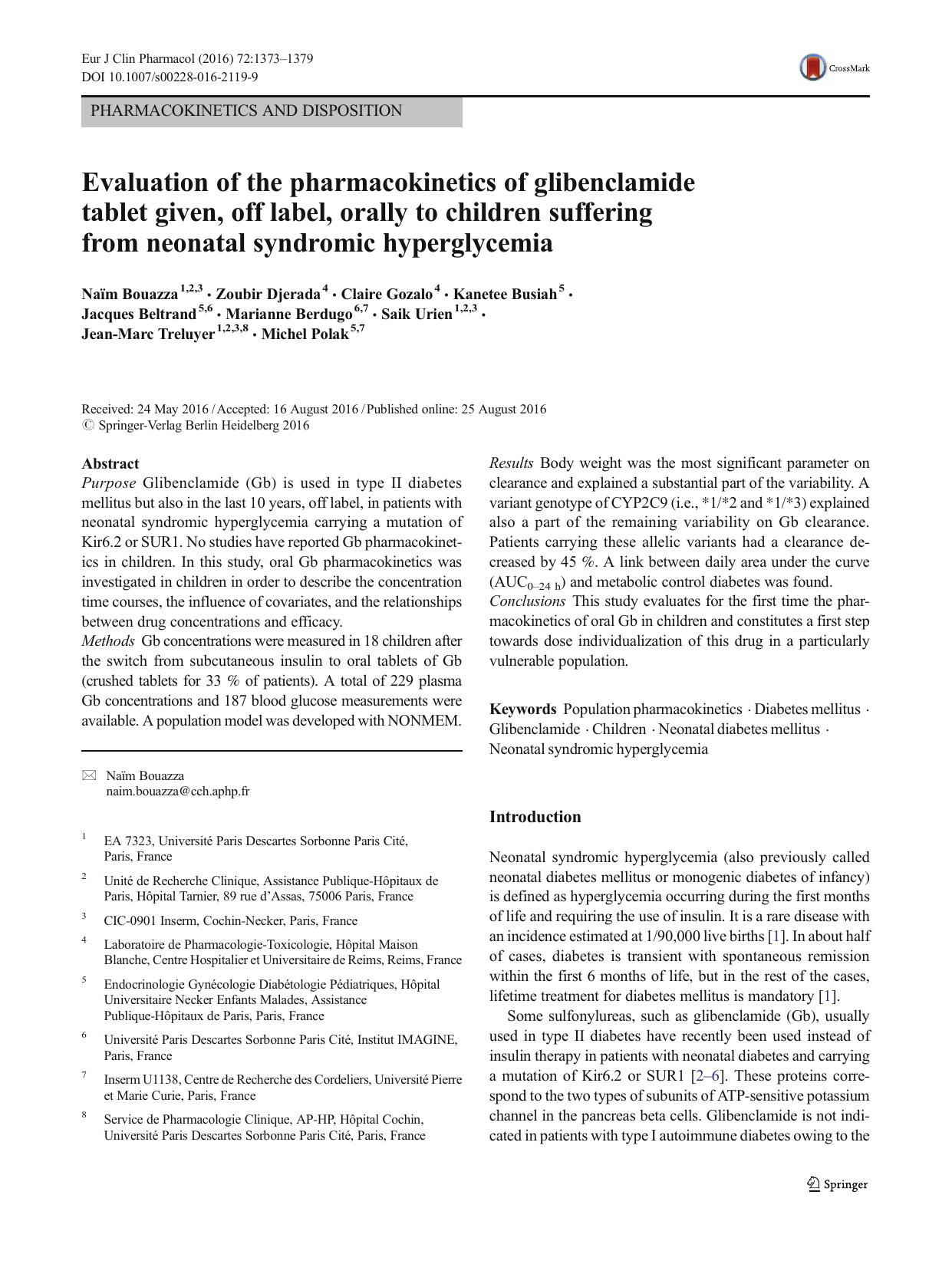 Evaluation of the pharmacokinetics of glibenclamide tablet given, off label, orally to children suffering from neonatal syndromic hyperglycemia by unknow