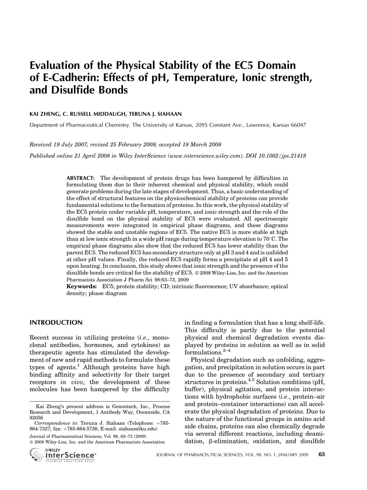 Evaluation of the physical stability of the EC5 domain of E-cadherin: Effects of pH, temperature, ionic strength, and disulfide bonds by Unknown