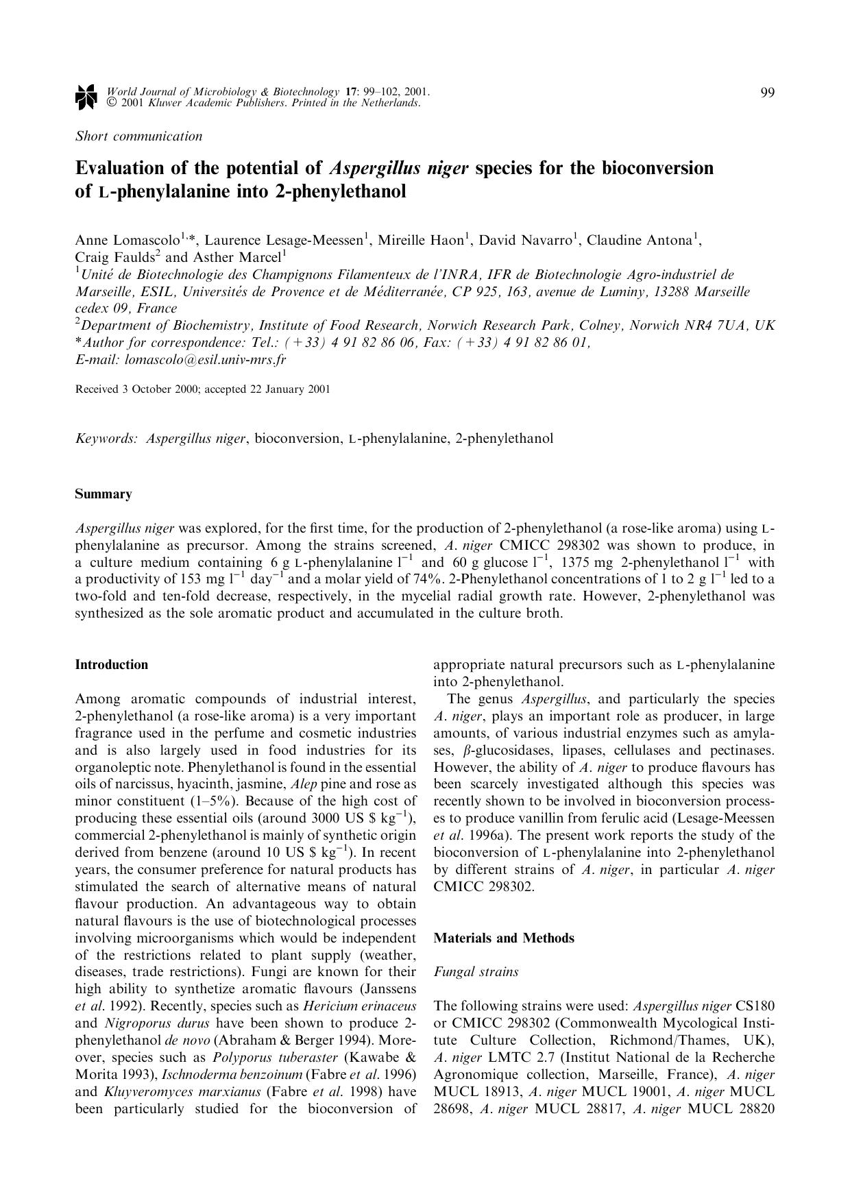 Evaluation of the potential of Aspergillus niger species for the bioconversion of L-phenylalanine into 2-phenylethanol by Unknown