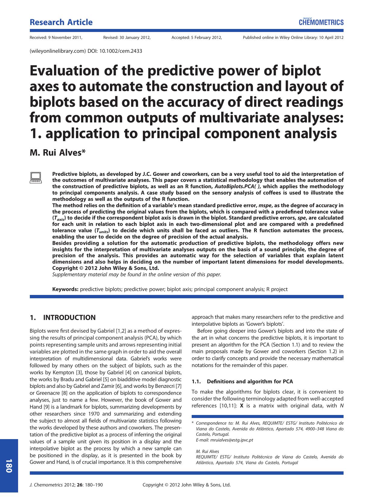 Evaluation of the predictive power of biplot axes to automate the construction and layout of biplots based on the accuracy of direct readings from common outputs of multivariate an by Unknown