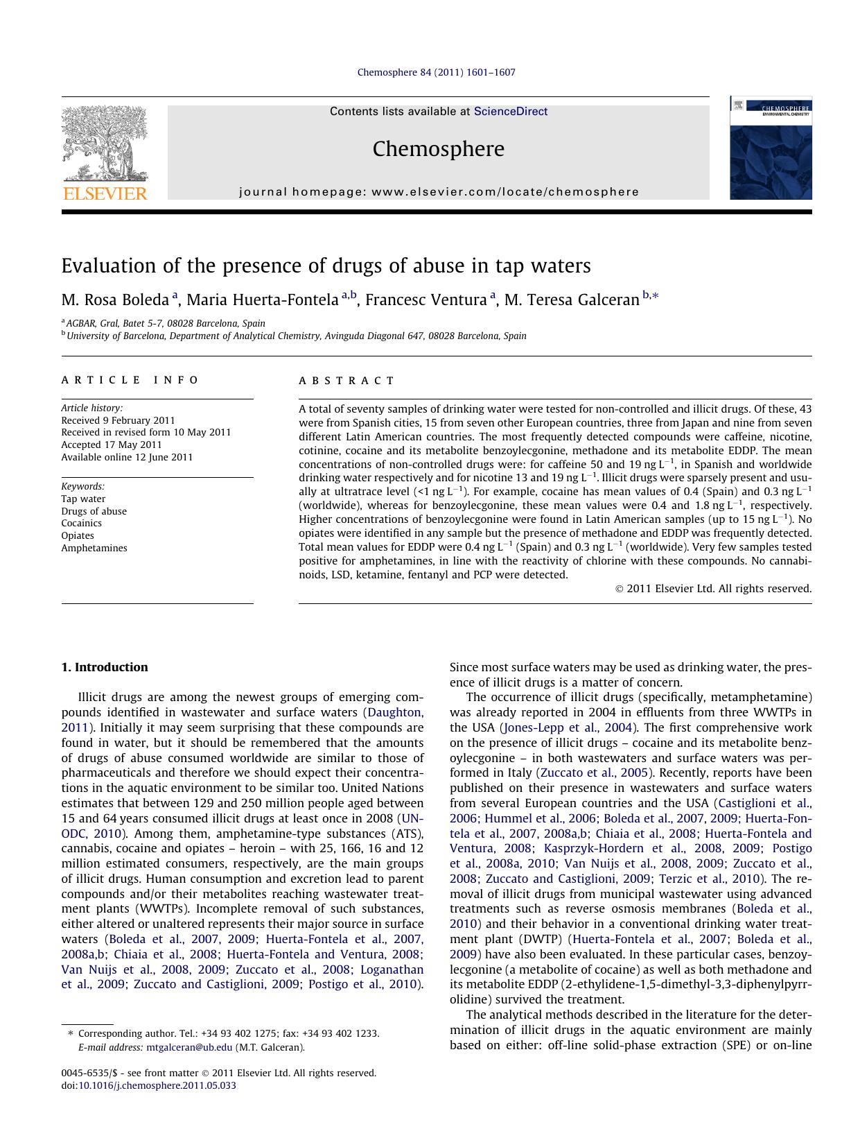 Evaluation of the presence of drugs of abuse in tap waters by M. Rosa Boleda & Maria Huerta-Fontela & Francesc Ventura & M. Teresa Galceran
