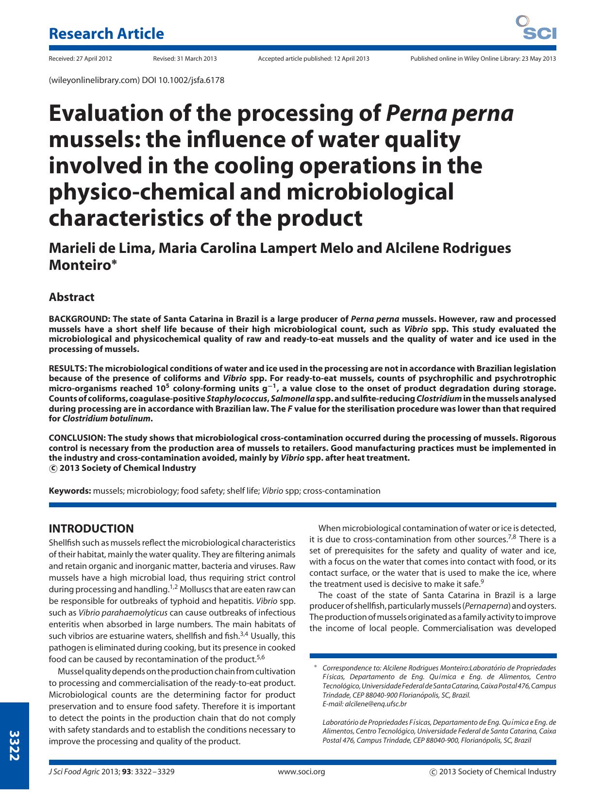 Evaluation of the processing of Perna perna mussels: the influence of water quality involved in the cooling operations in the physicochemical and microbiological characteristics of the product by Unknown