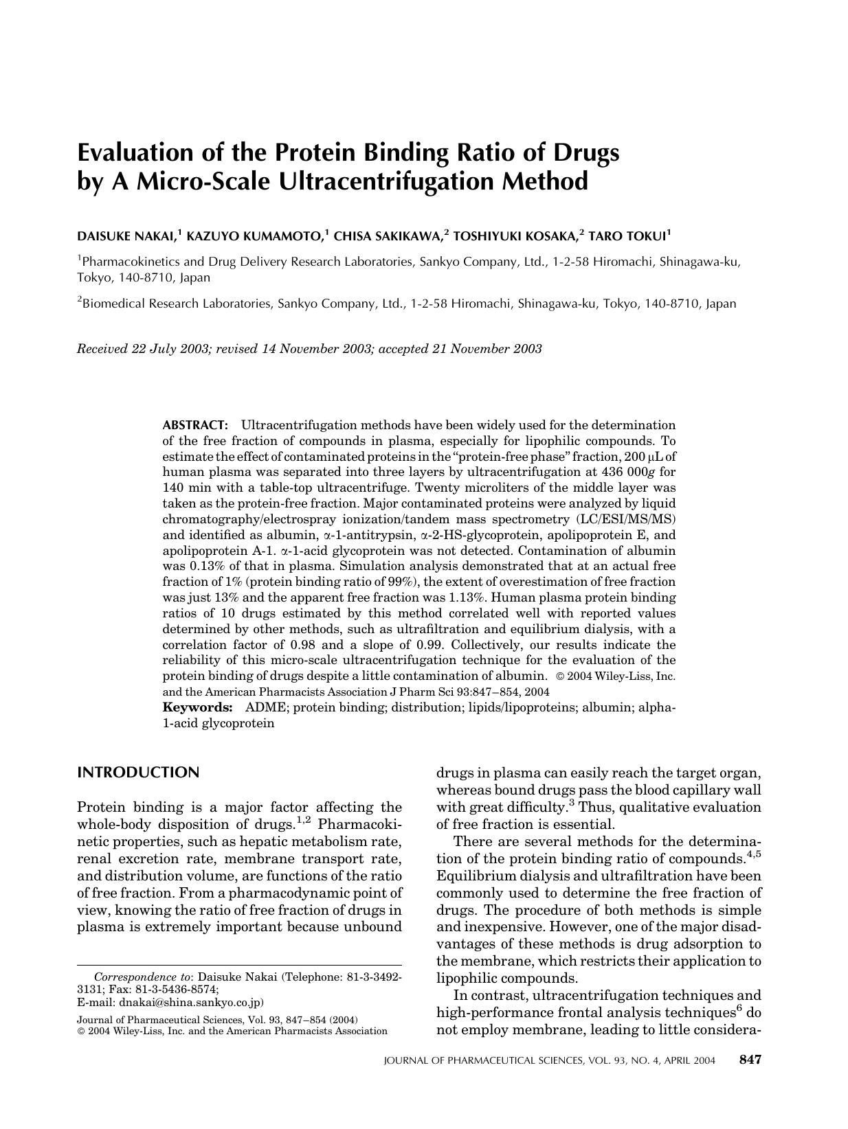 Evaluation of the protein binding ratio of drugs by a micro-scale ultracentrifugation method by Unknown