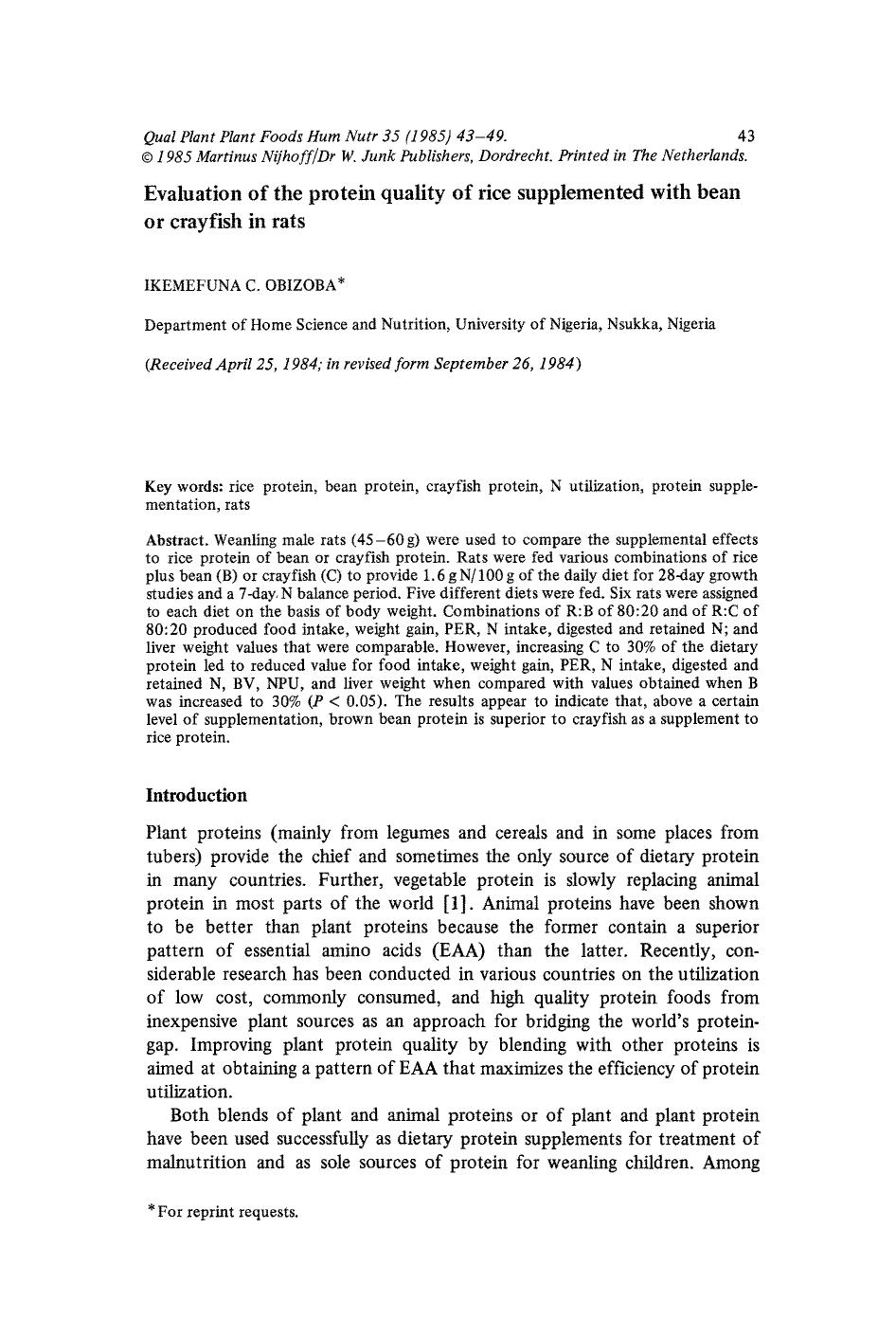 Evaluation of the protein quality of rice supplemented with bean or crayfish in rats by Unknown