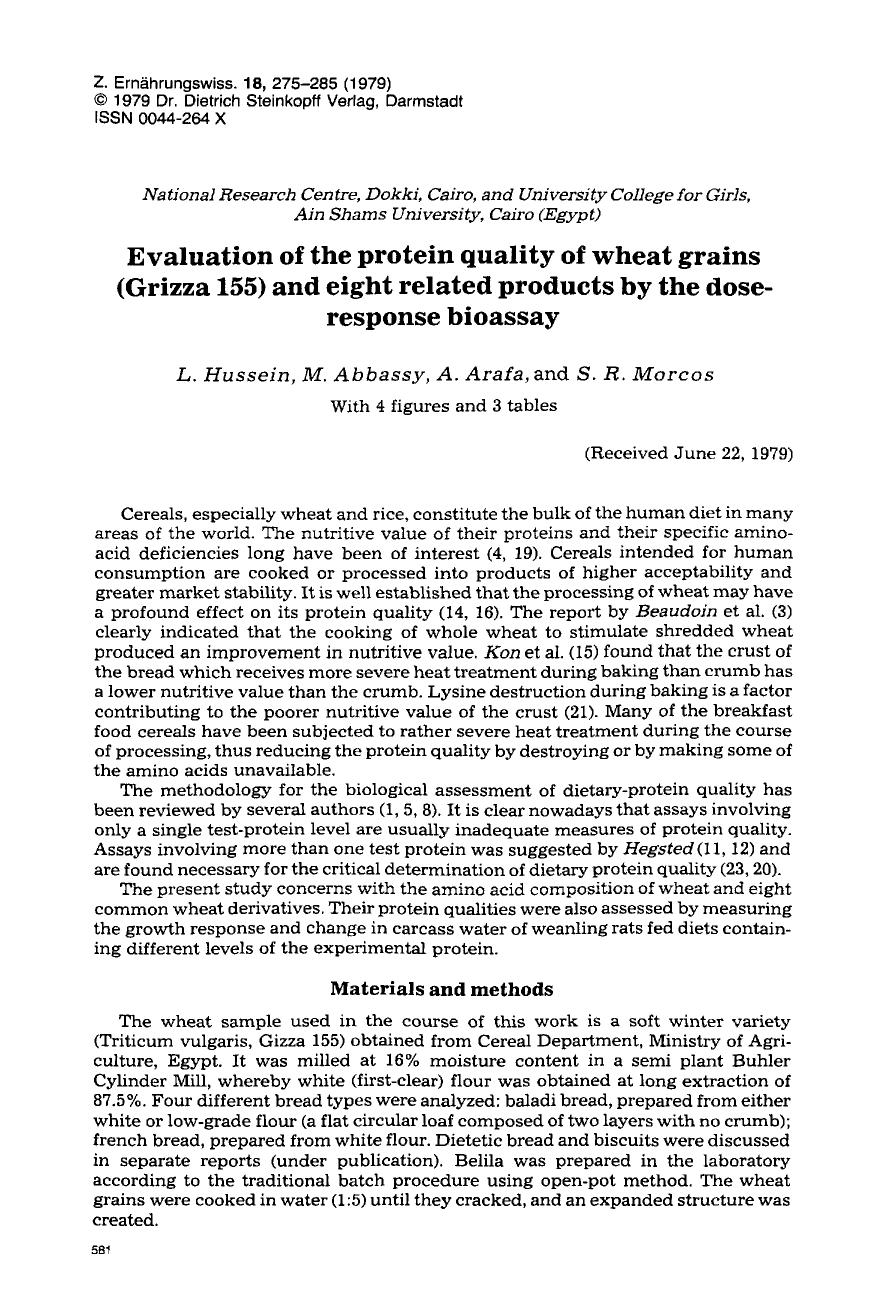 Evaluation of the protein quality of wheat grains (Grizza 155) and eight related products by the dose-response bioassay by Unknown