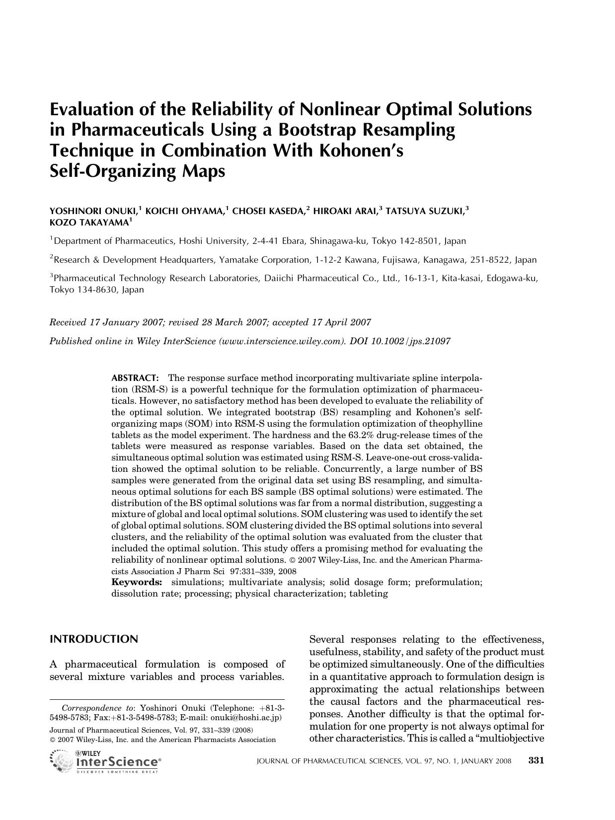 Evaluation of the reliability of nonlinear optimal solutions in pharmaceuticals using a bootstrap resampling technique in combination with Kohonen's self-organizing maps by Unknown