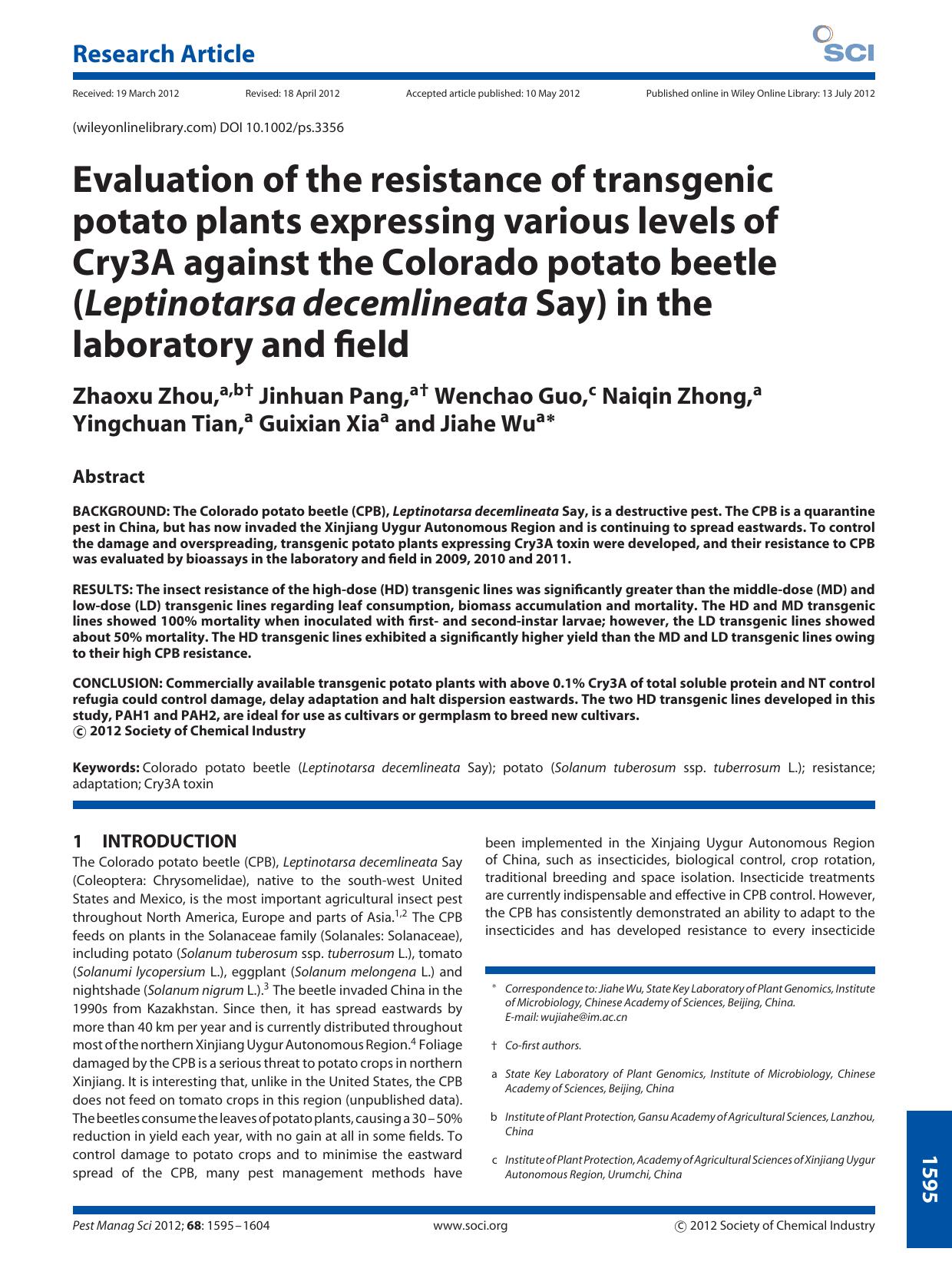 Evaluation of the resistance of transgenic potato plants expressing various levels of Cry3A against the Colorado potato beetle (Leptinotarsa decemlineata Say) in the laboratory and field by Unknown