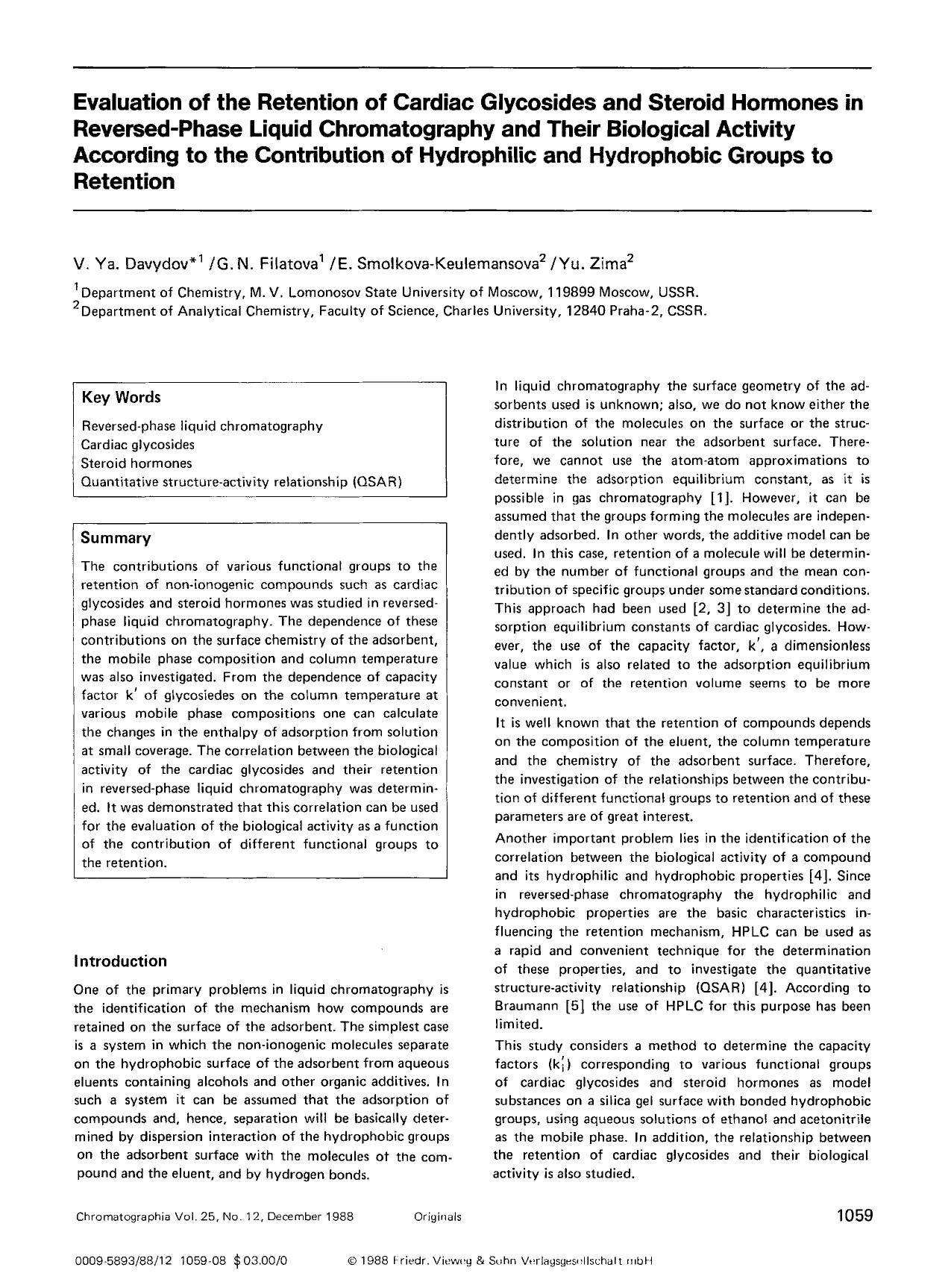 Evaluation of the retention of cardiac glycosides and steroid hormones in reversed-phase liquid chromatography and their biological activity according to the contribution of hydrop by Unknown