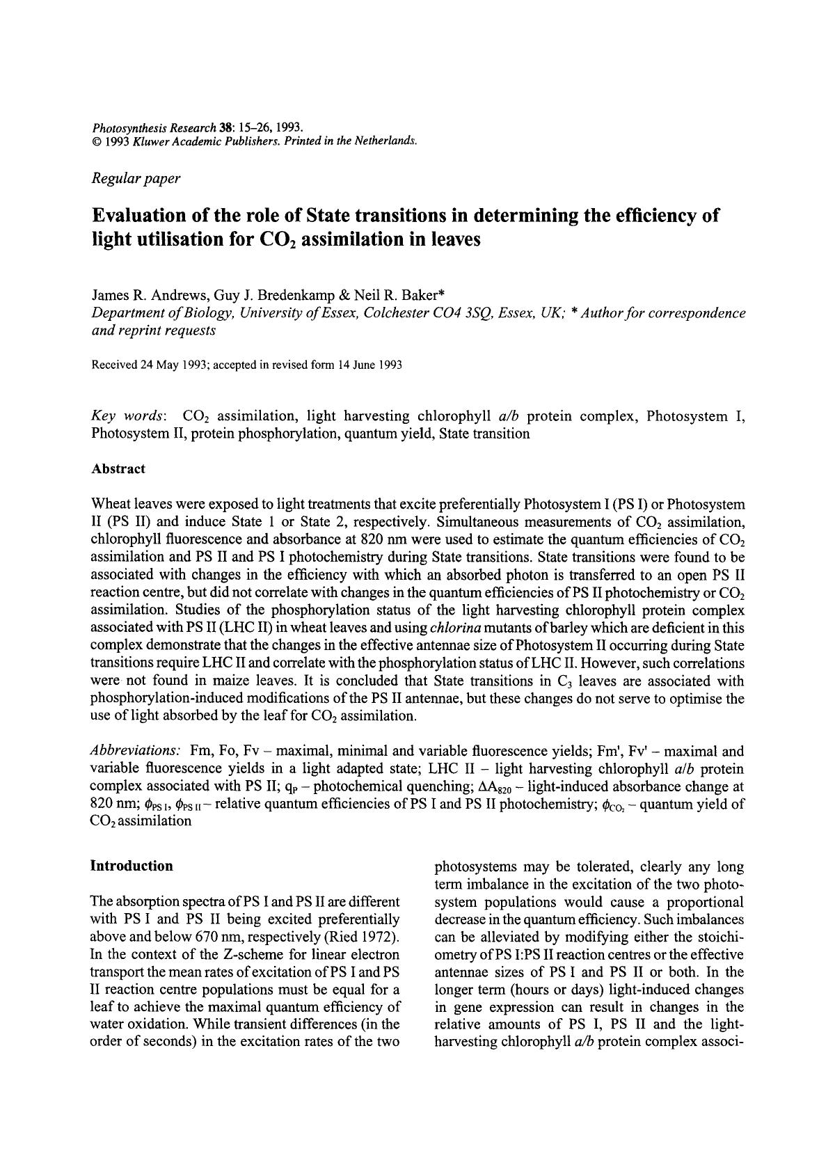 Evaluation of the role of State transitions in determining the efficiency of light utilisation for CO <Subscript>2 <Subscript> assimilation in leaves by Unknown