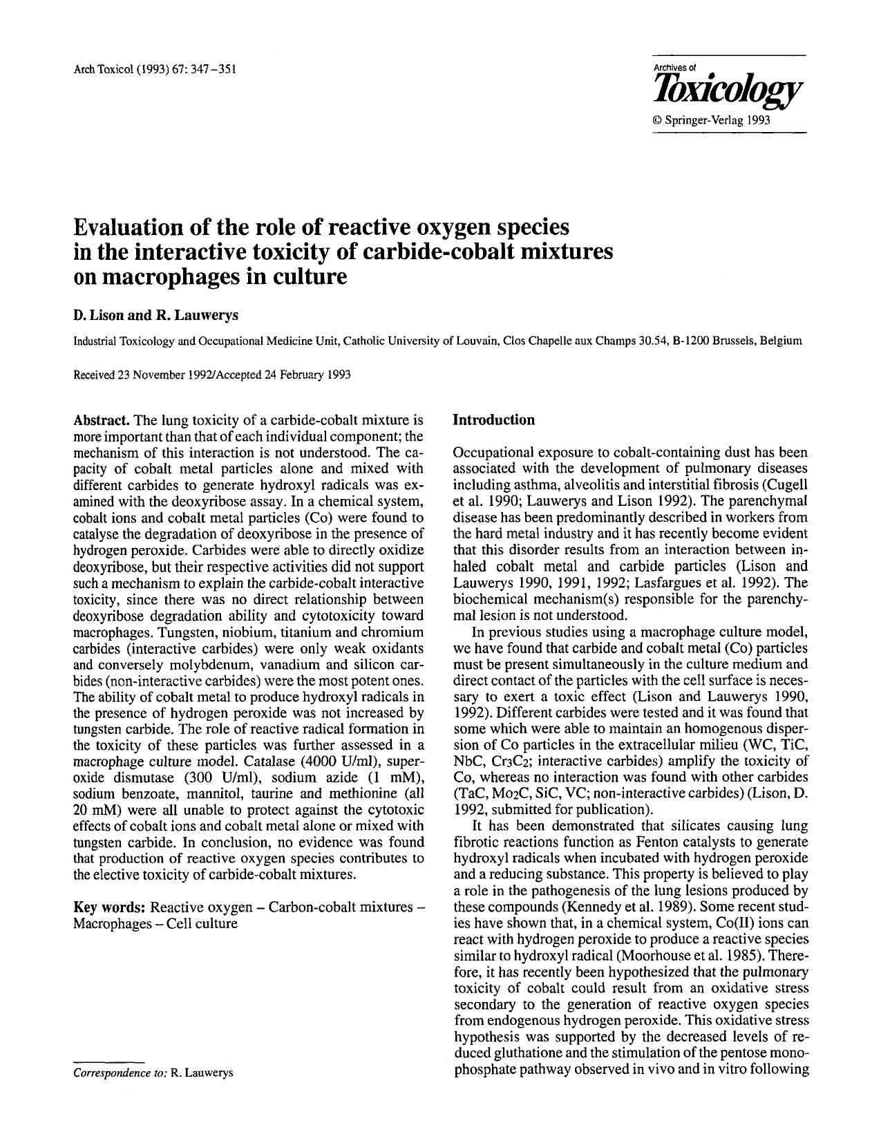 Evaluation of the role of reactive oxygen species in the interactive toxicity of carbide-cobalt mixtures on macrophages in culture by Unknown