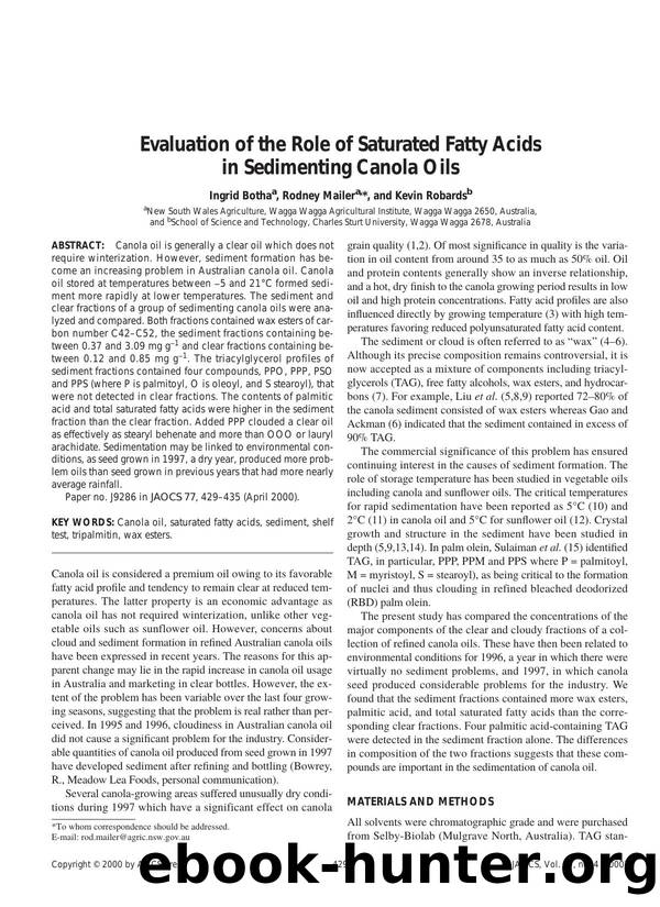 Evaluation of the role of saturated fatty acids in sedimenting canola oils by Unknown