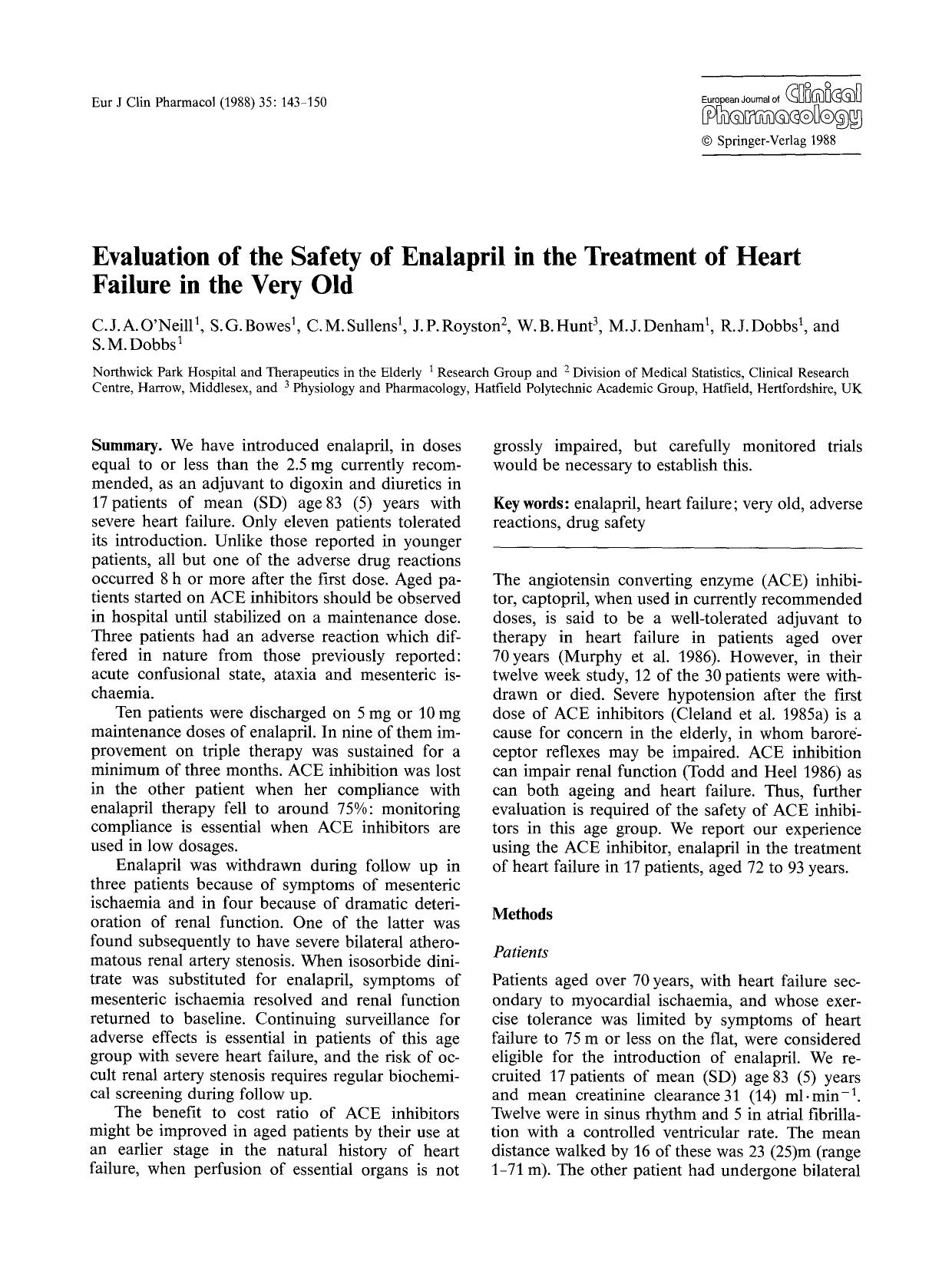 Evaluation of the safety of enalapril in the treatment of heart failure in the very old by Unknown