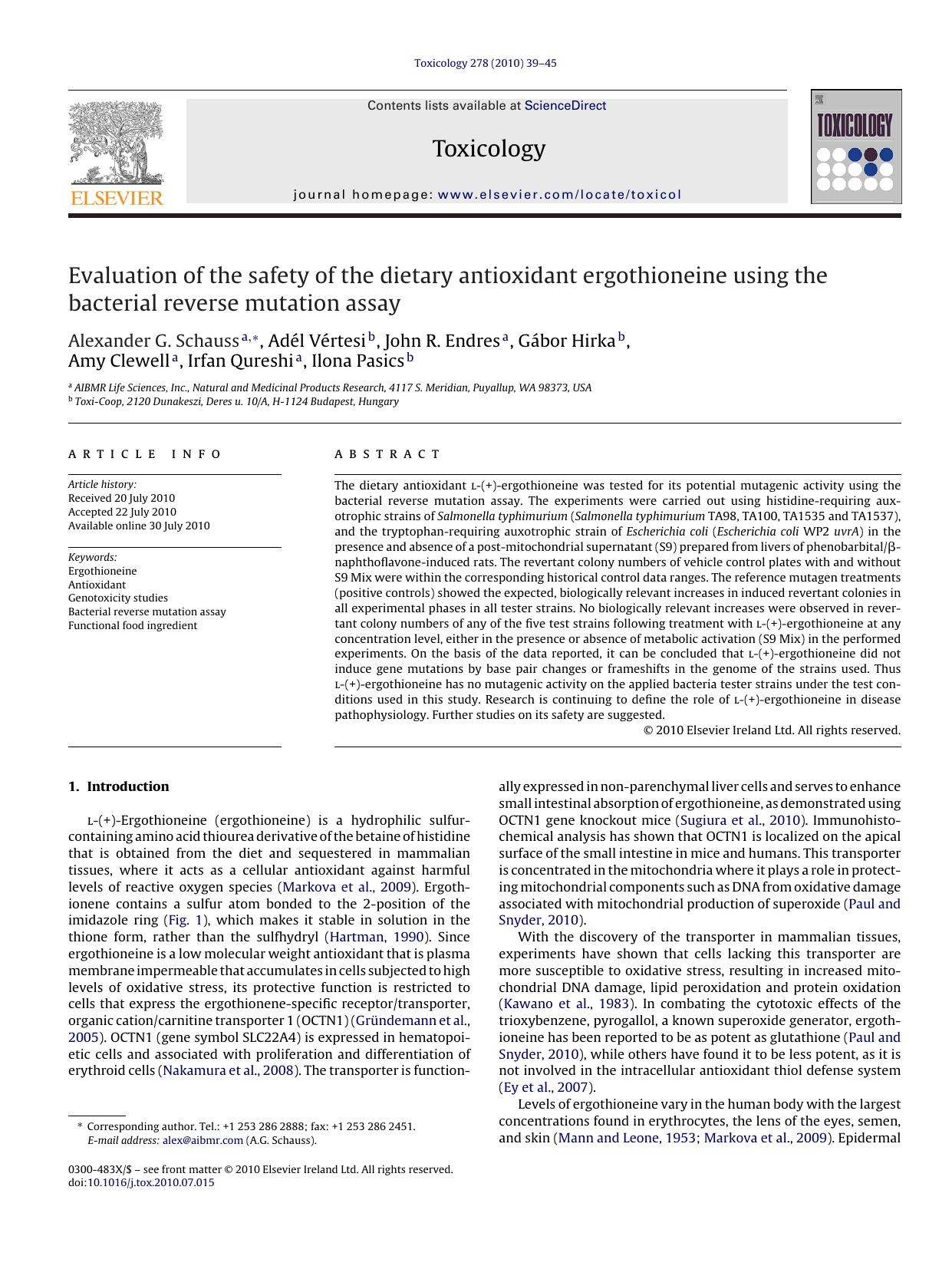 Evaluation of the safety of the dietary antioxidant ergothioneine using the bacterial reverse mutation assay by Alexander G. Schauss
