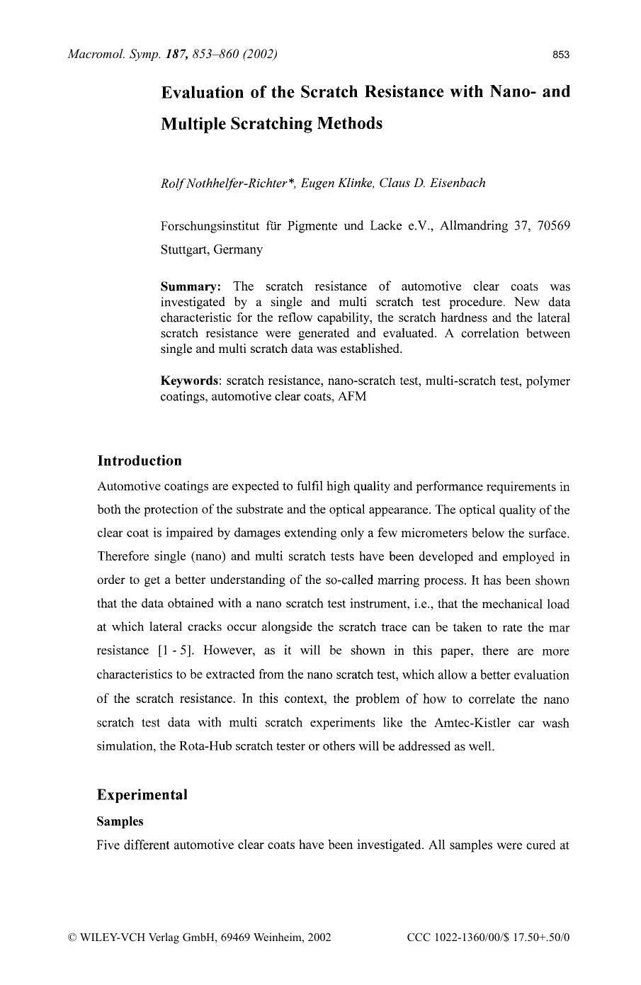 Evaluation of the scratch resistance with nano- and multiple scratching methods by Unknown