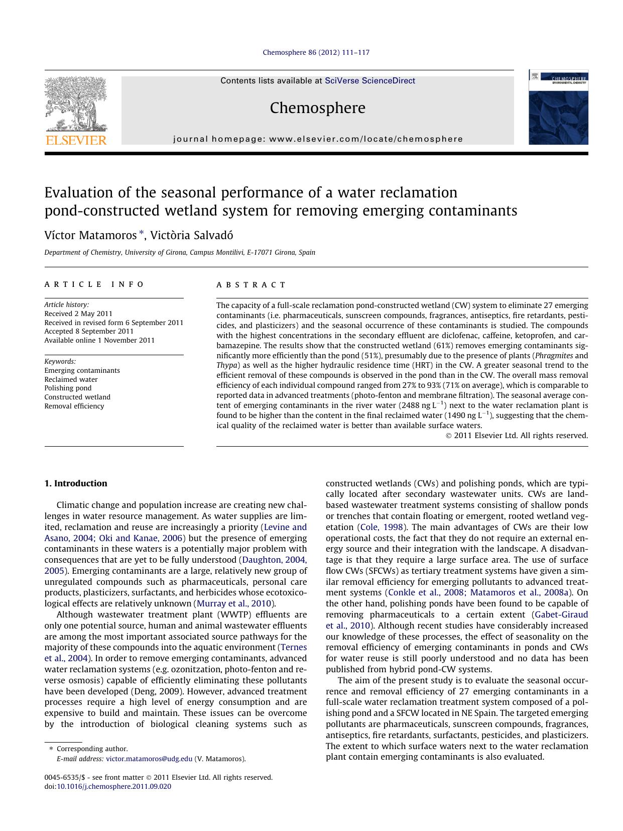 Evaluation of the seasonal performance of a water reclamation pond-constructed wetland system for removing emerging contaminants by VÃ­ctor Matamoros & Victòria Salvadó