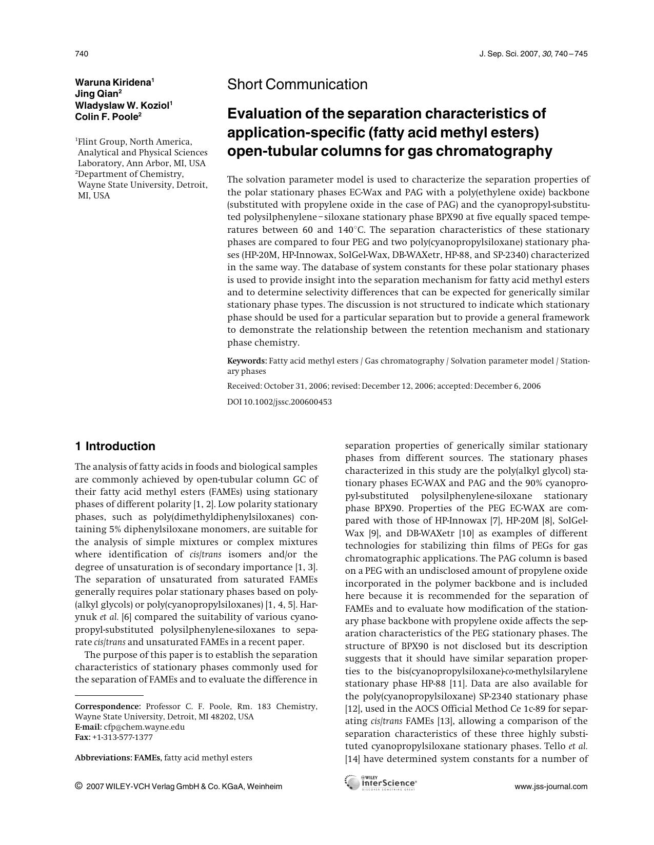 Evaluation of the separation characteristics of application-specific (fatty acid methyl esters) open-tubular columns for gas chromatography by Unknown