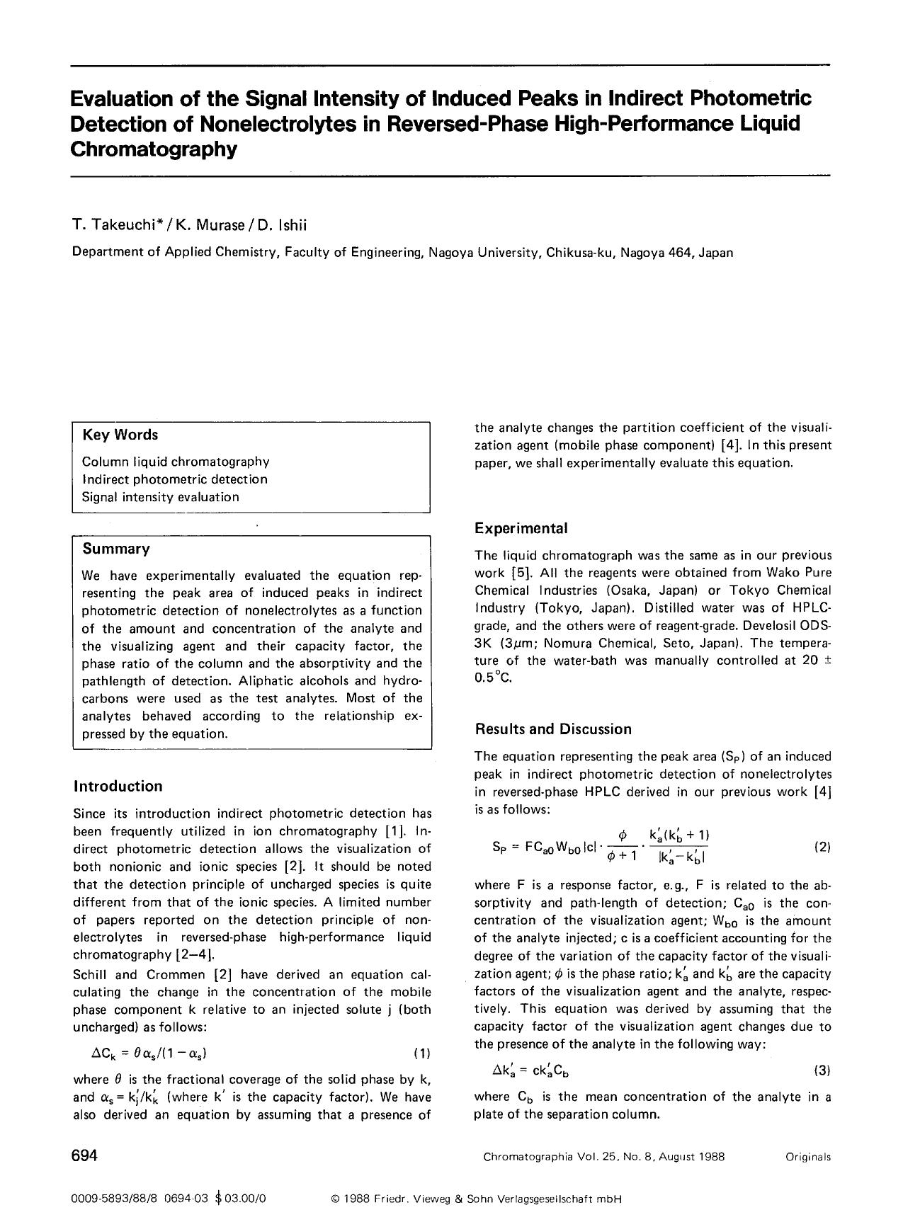 Evaluation of the signal intensity of induced peaks in indirect photometric detection of nonelectrolytes in reversed-phase high-performance liquid chromatography by Unknown