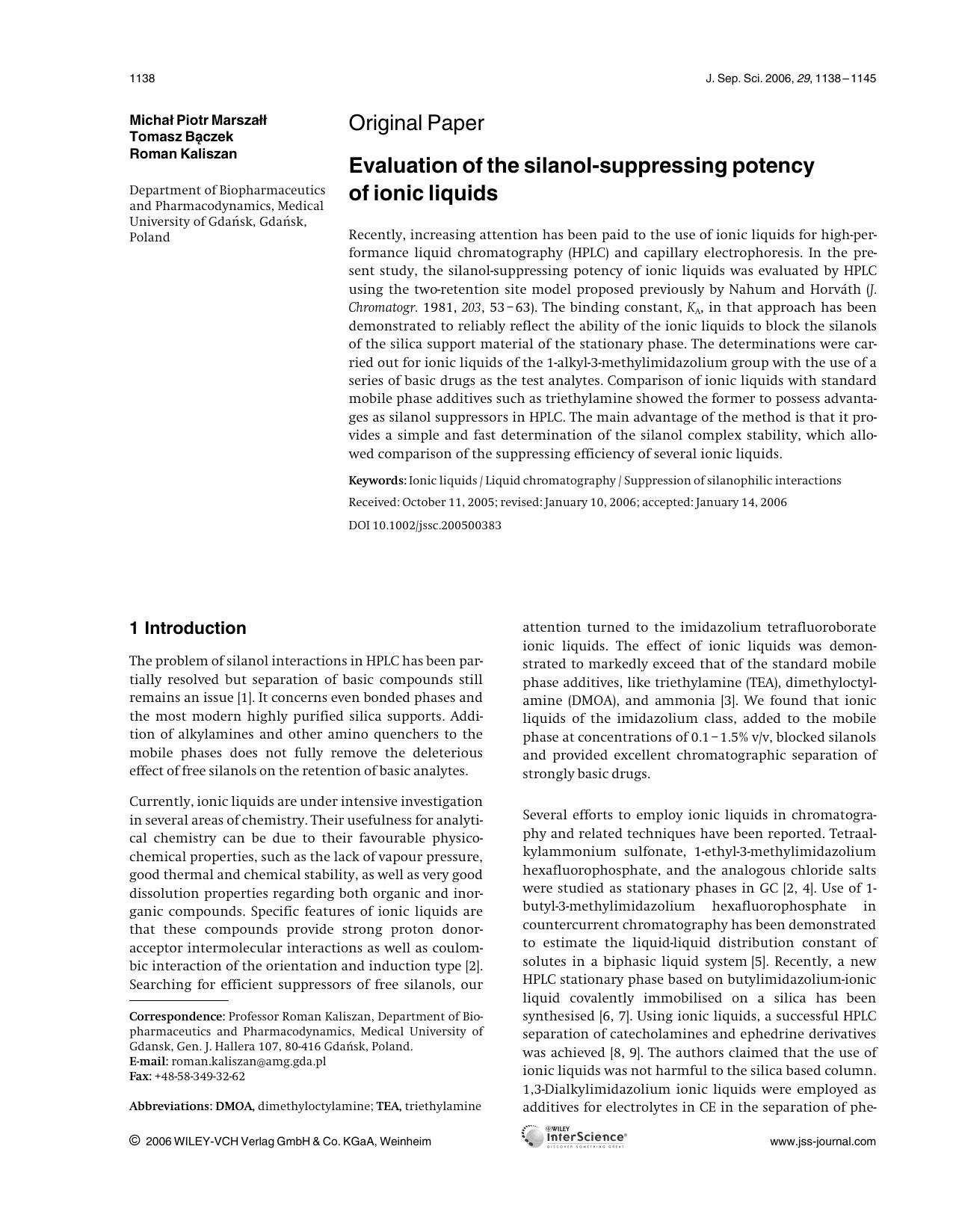 Evaluation of the silanol-suppressing potency of ionic liquids by Unknown