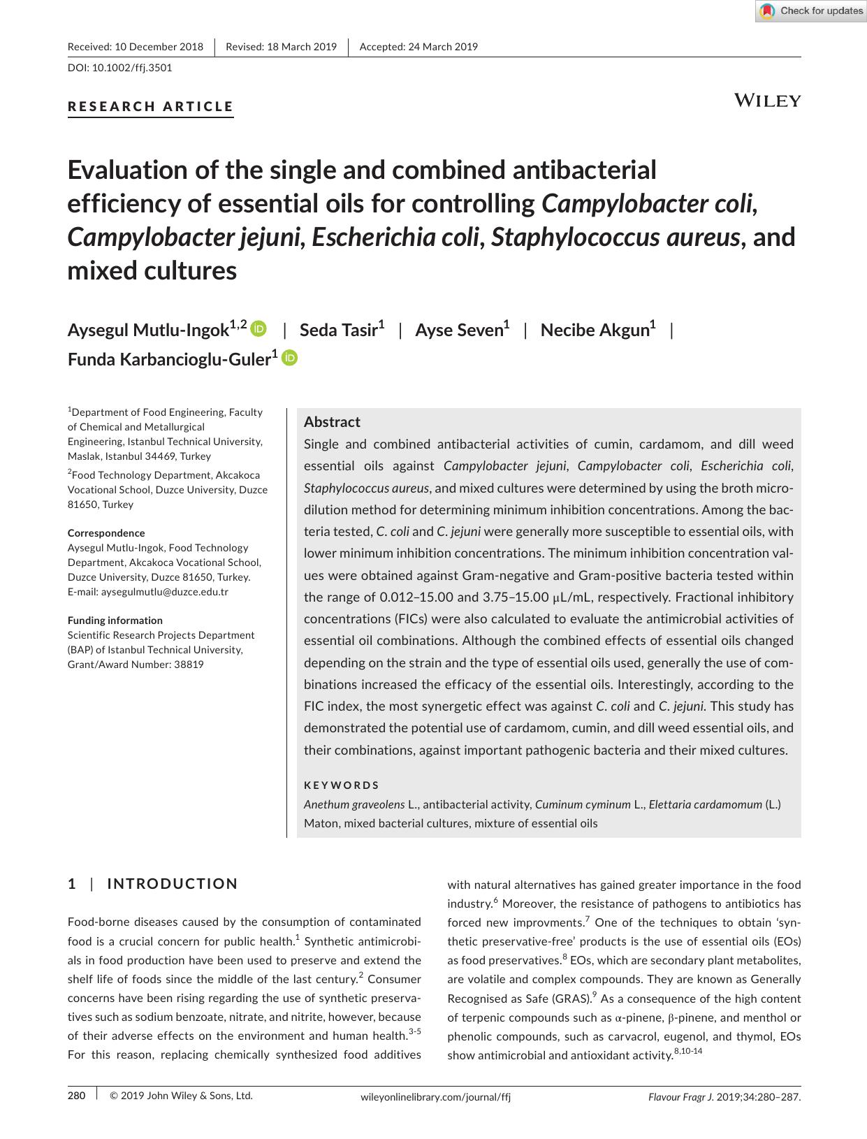 Evaluation of the single and combined antibacterial efficiency of essential oils for controlling Campylobacter coli, Campylobacter jejuni, Escherichia coli, Staphylococcus aureus, and mixed cultures by Unknown