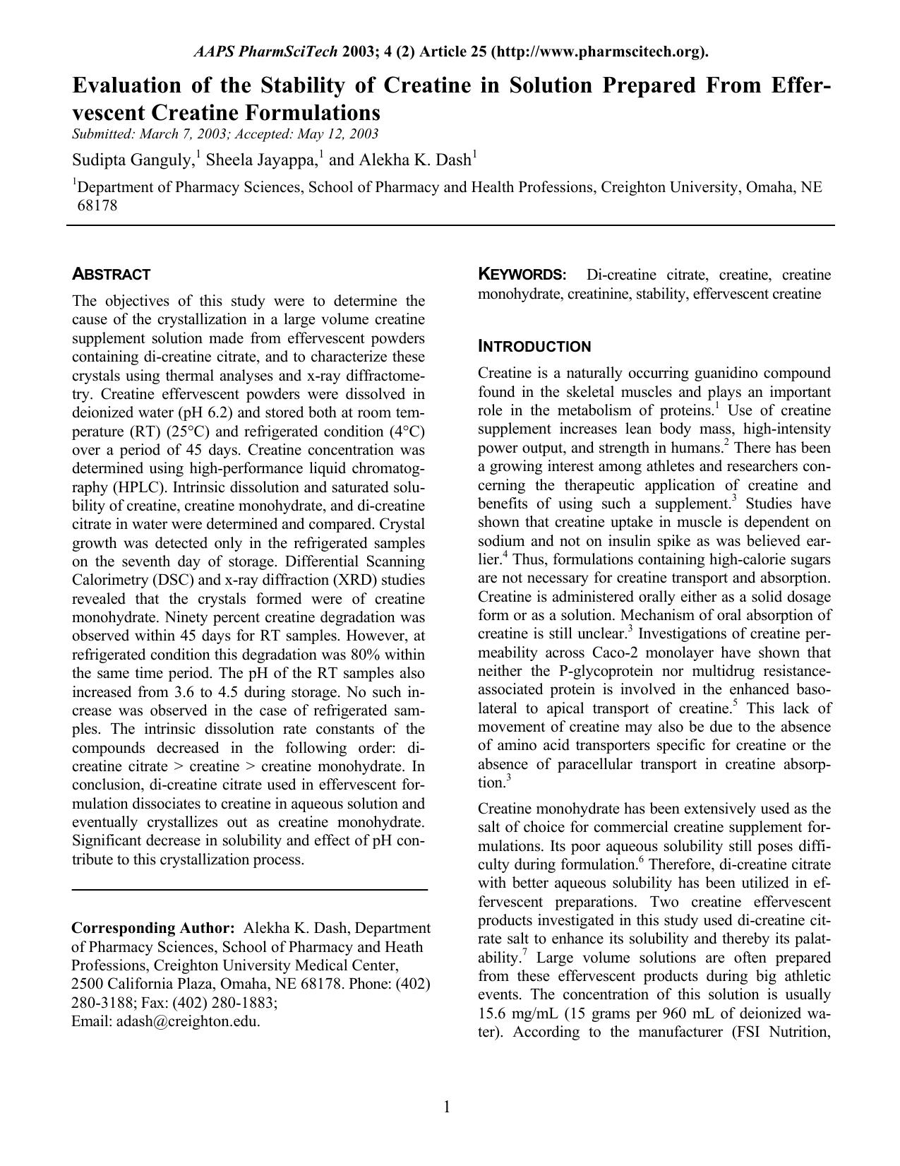 Evaluation of the stability of creatine in solution prepared from effervescent creatine formulations by Unknown