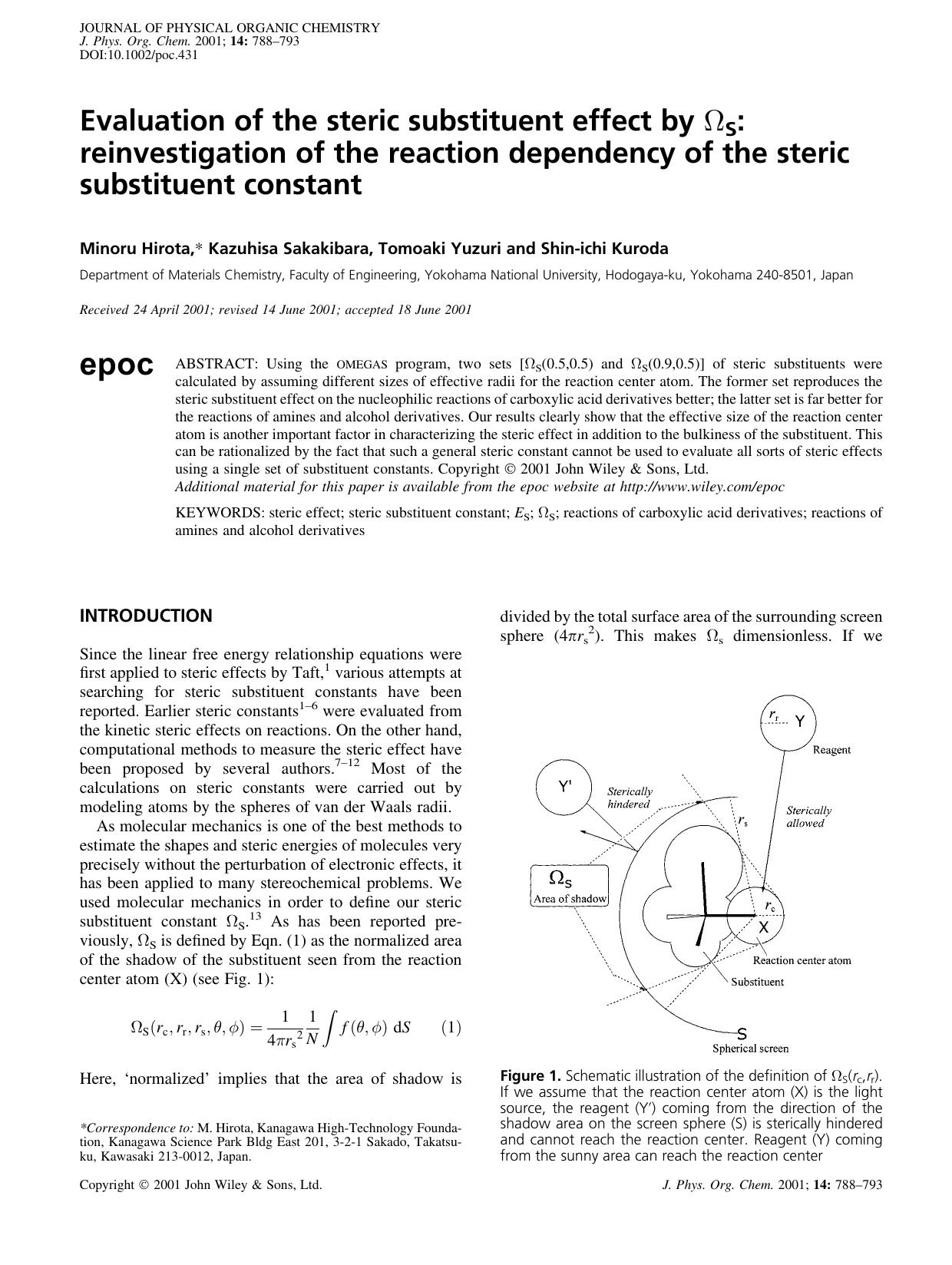 Evaluation of the steric substituent effect by [Omega]S: reinvestigation of the reaction dependency of the steric substituent constant by Unknown