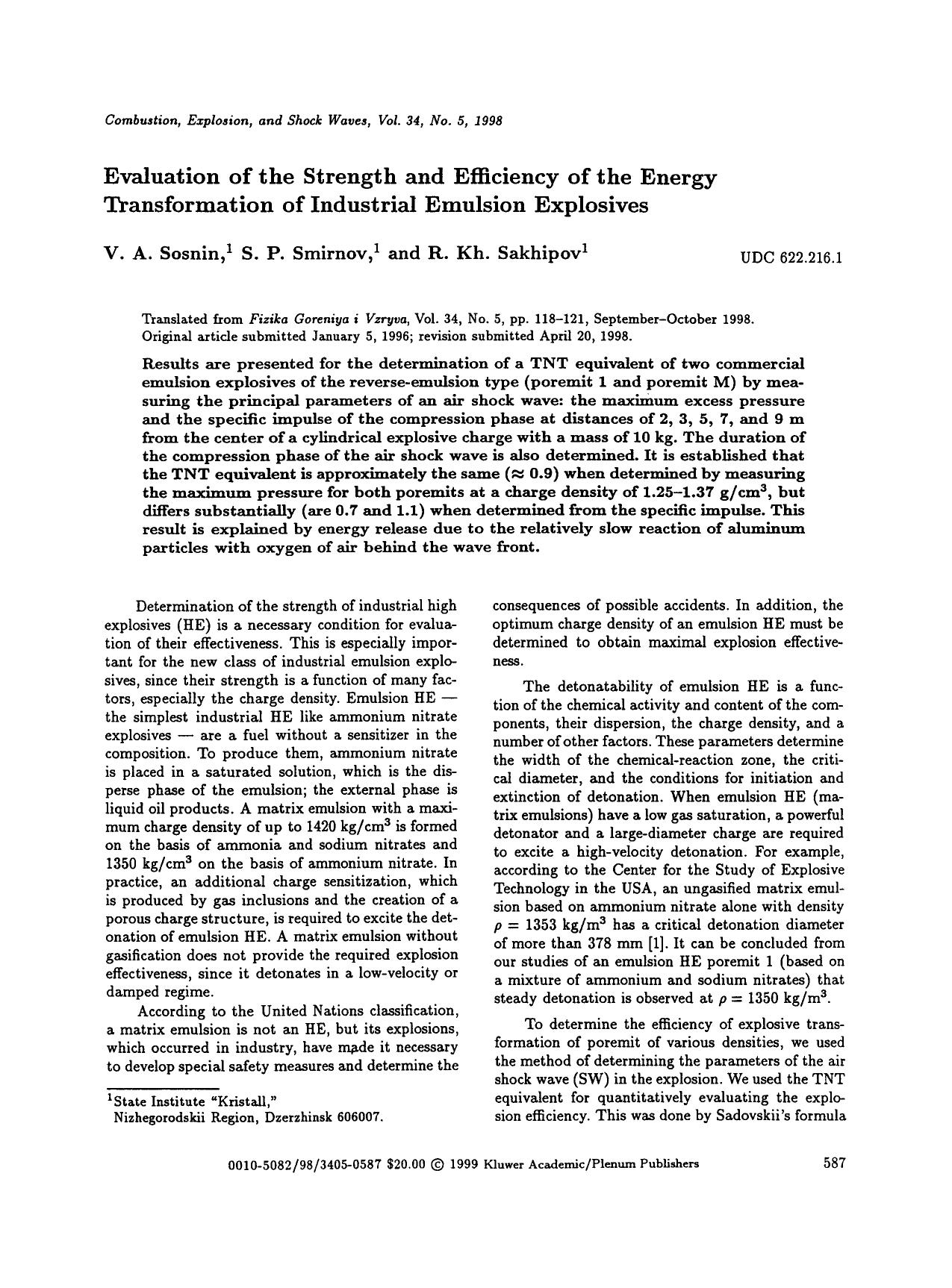 Evaluation of the strength and efficiency of the energy transformation of industrial emulsion explosives by Unknown