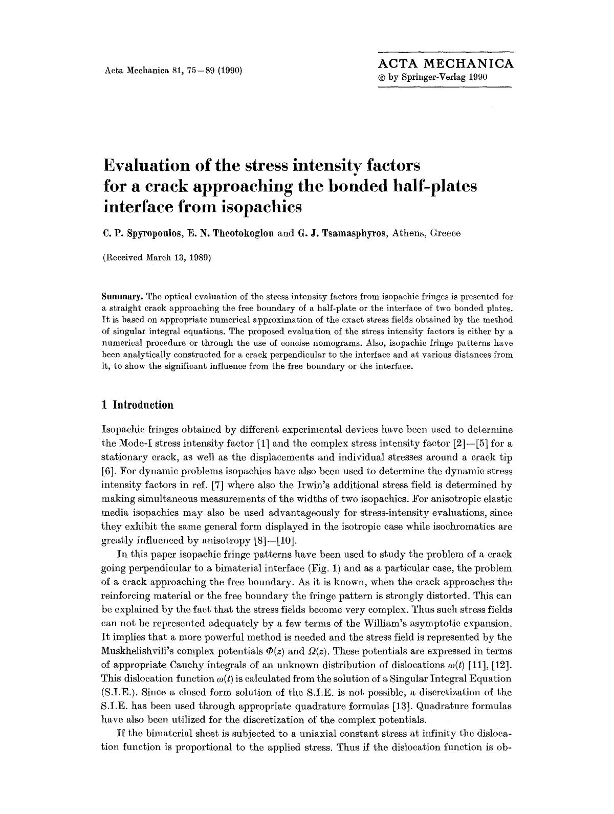 Evaluation of the stress intensity factors for a crack approaching the bonded half-plates interface from isopachics by Unknown