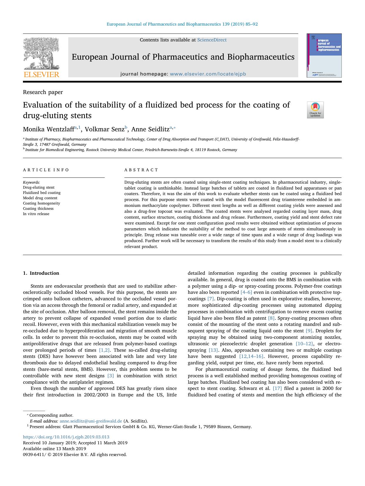 Evaluation of the suitability of a fluidized bed process for the coating of drug-eluting stents by Monika Wentzlaff & Volkmar Senz & Anne Seidlitz