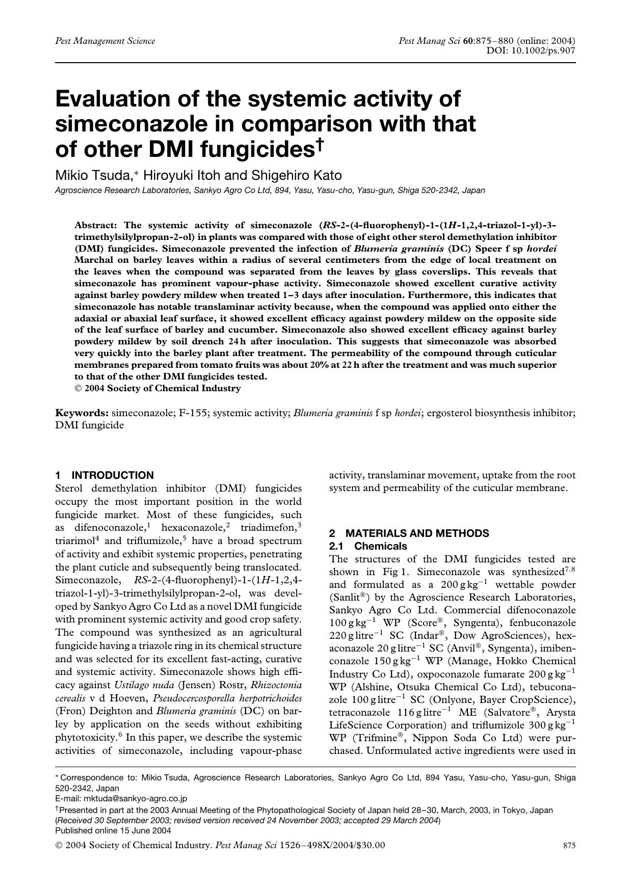 Evaluation of the systemic activity of simeconazole in comparison with that of other DMI fungicides by Unknown