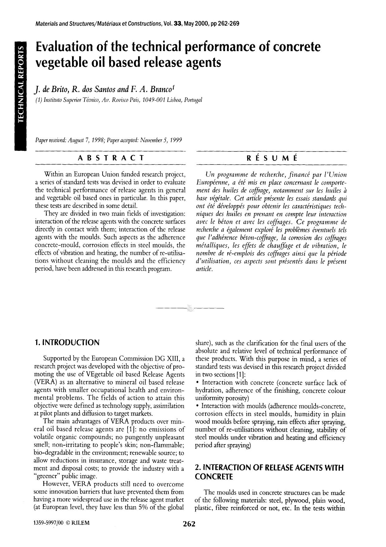 Evaluation of the technical performance of concrete vegetable oil based release agents by Unknown