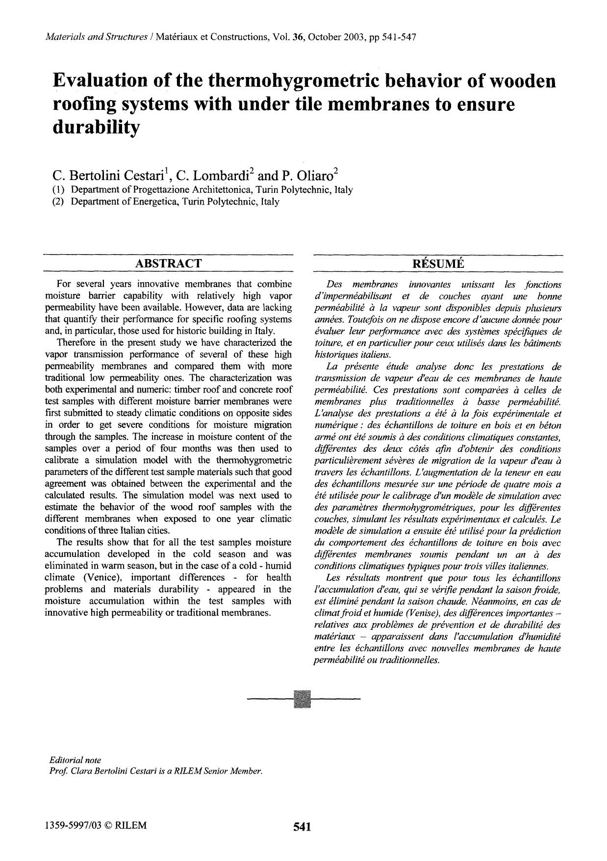 Evaluation of the thermohygrometric behavior of wooden roofing systems with under tile membranes to ensure durability by Unknown