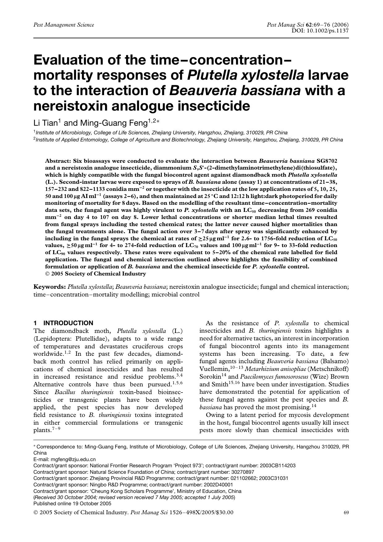 Evaluation of the time-concentration-mortality responses of Plutella xylostella larvae to the interaction of Beauveria bassiana with a nereistoxin analogue insecticide by Unknown