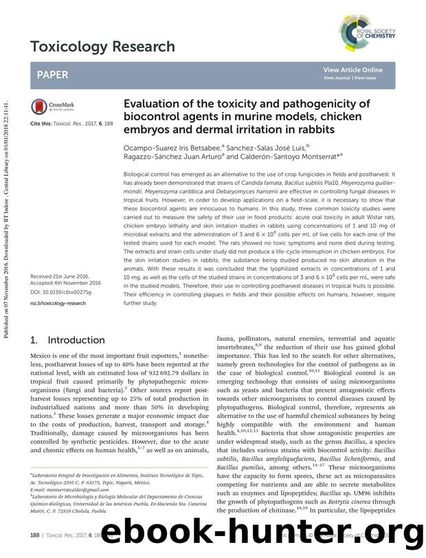 Evaluation of the toxicity and pathogenicity of biocontrol agents in murine models, chicken embryos and dermal irritation in rabbits by unknow