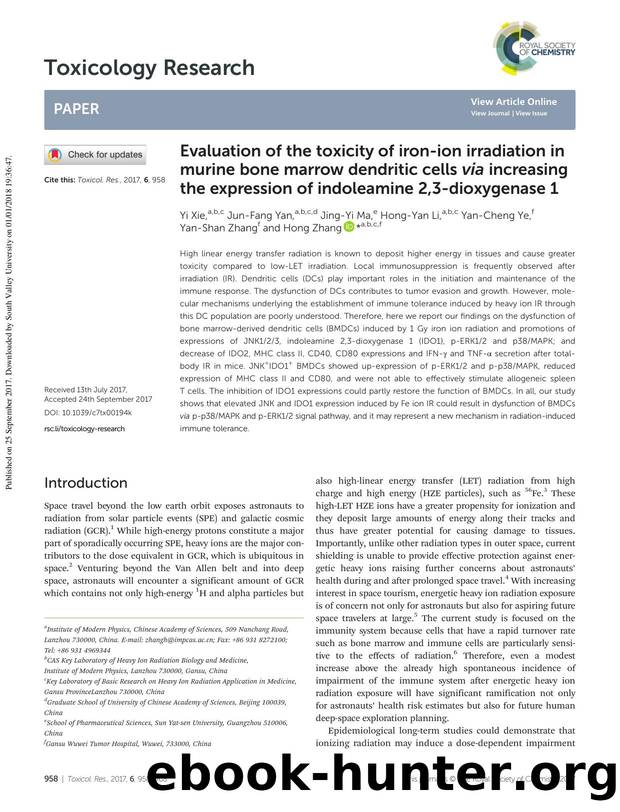 Evaluation of the toxicity of iron-ion irradiation in murine bone marrow dendritic cells via increasing the expression of indoleamine 2,3-dioxygenase 1 by Yi Xie Jun-Fang Yan Jing-Yi Ma Hong-Yan Li Yan-Cheng Ye Yan-Shan Zhang Hong Zhang