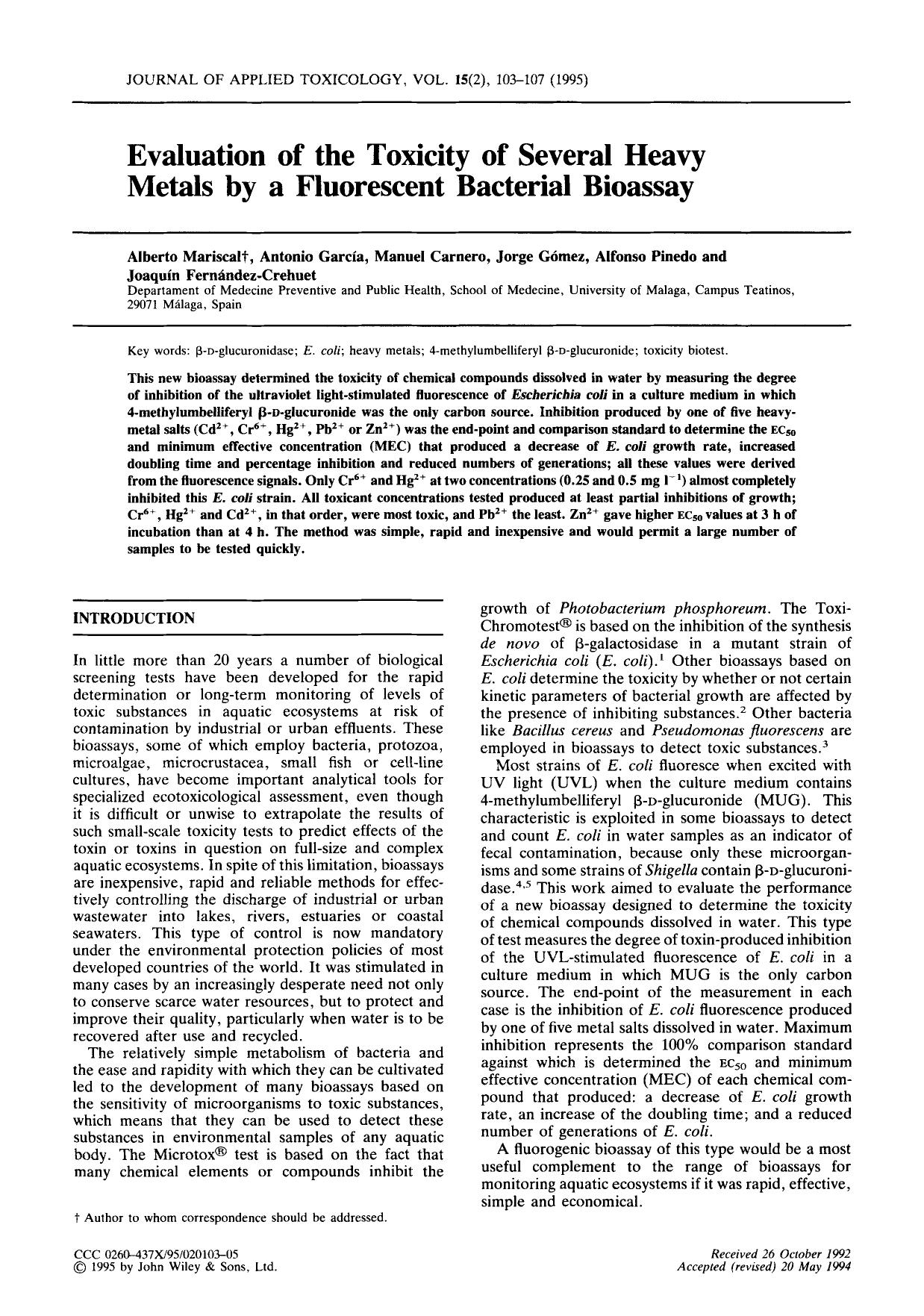 Evaluation of the toxicity of several heavy metals by a fluorescent bacterial bioassay by Unknown
