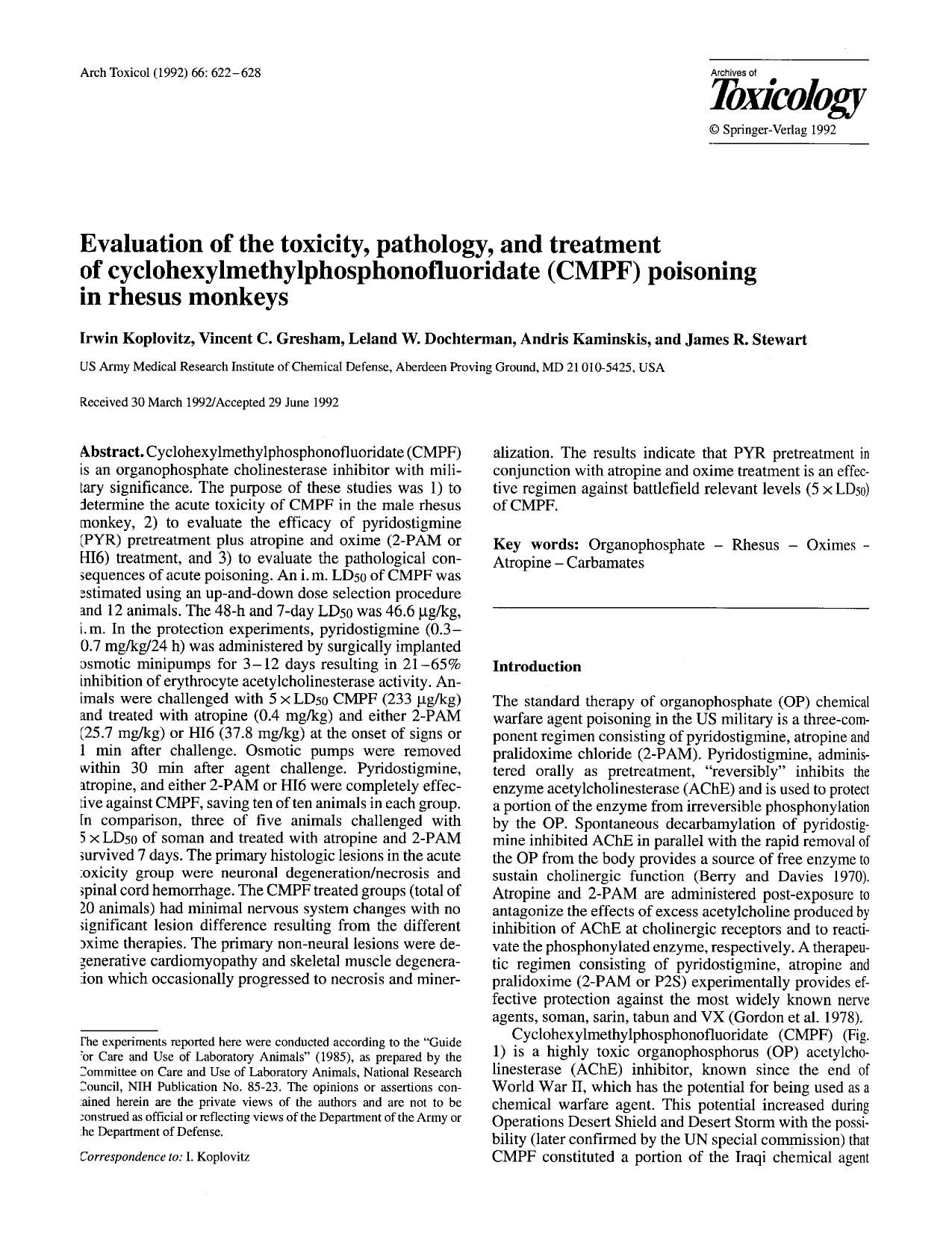 Evaluation of the toxicity, pathology, and treatment of cyclohexylmethylphosphonofluoridate (CMPF) poisoning in rhesus monkeys by Unknown