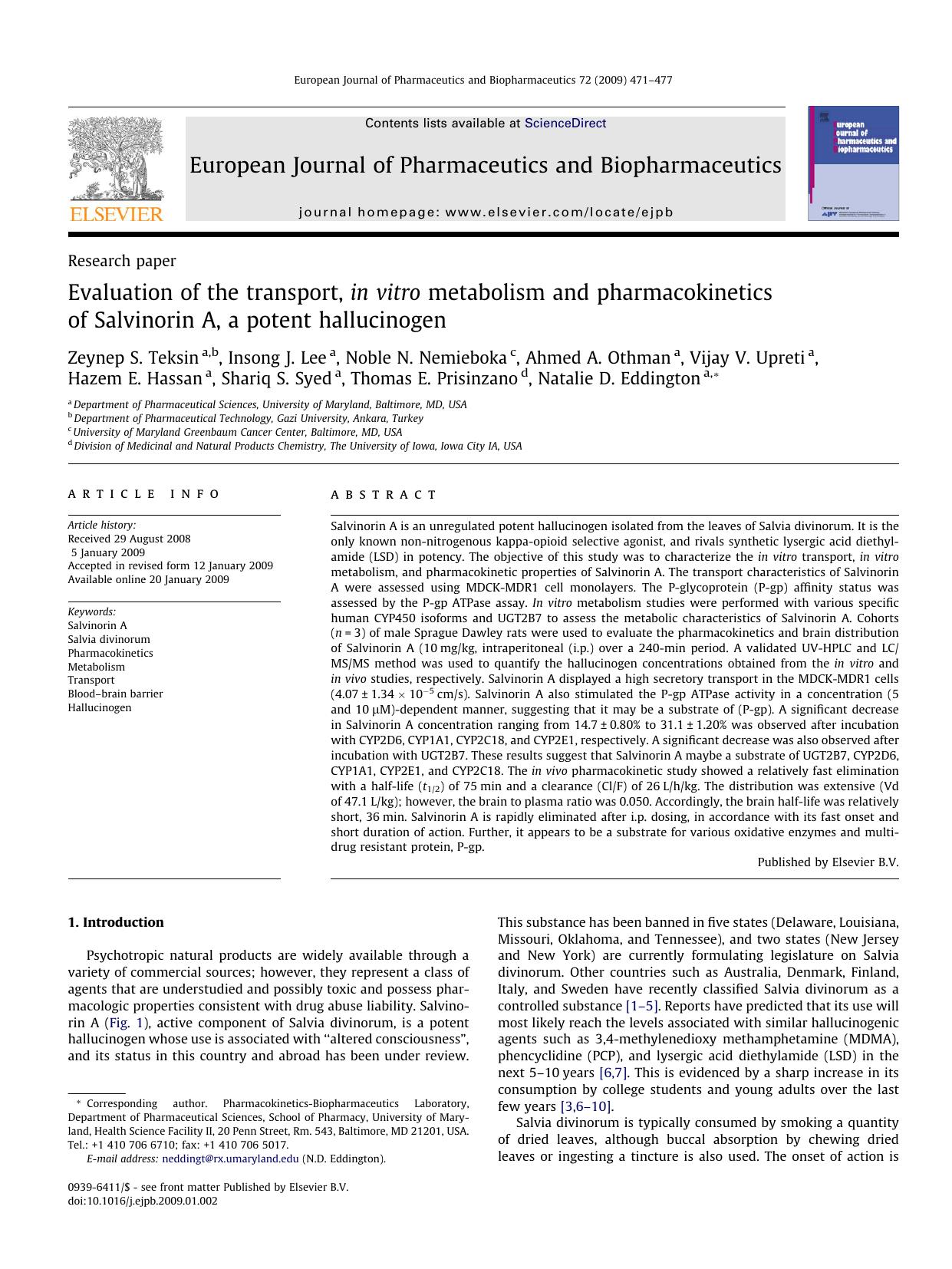 Evaluation of the transport, in vitro metabolism and pharmacokinetics of Salvinorin A, a potent hallucinogen by unknow