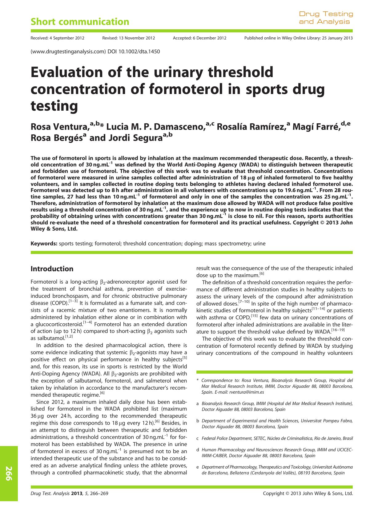 Evaluation of the urinary threshold concentration of formoterol in sports drug testing by Unknown