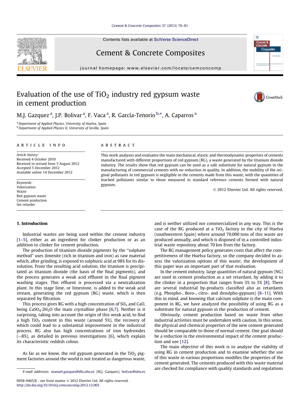 Evaluation of the use of TiO2 industry red gypsum waste in cement production by M.J. Gazquez & J.P. Bolivar & F. Vaca & R. García-Tenorio & A. Caparros