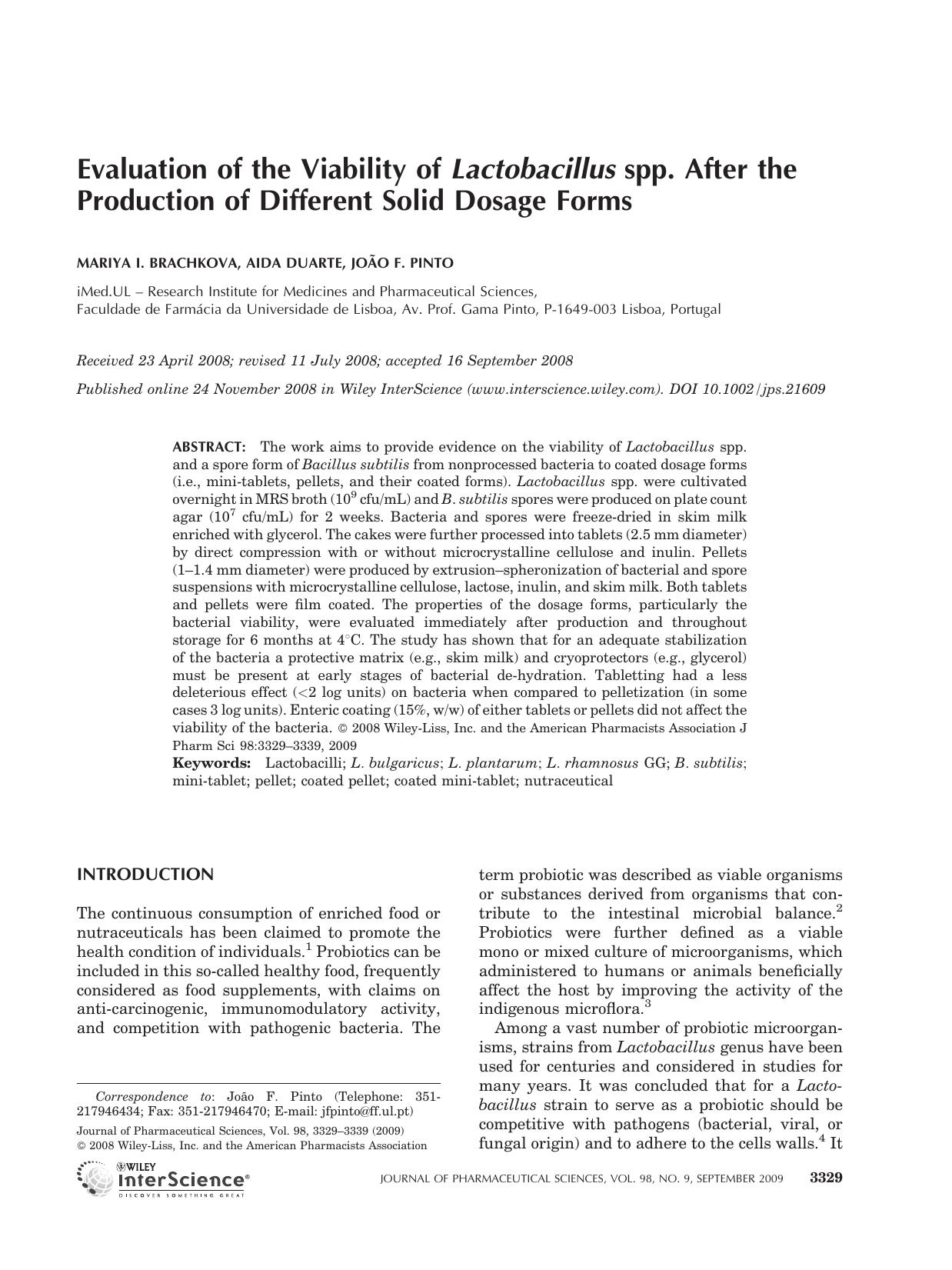 Evaluation of the viability of Lactobacillus spp. after the production of different solid dosage forms by Unknown