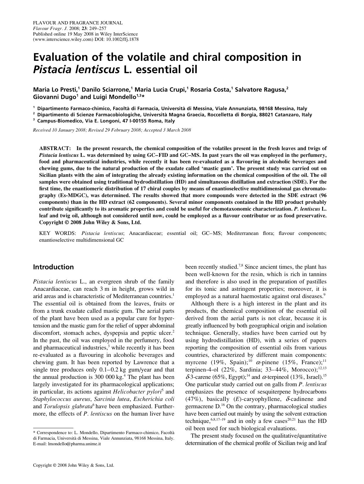 Evaluation of the volatile and chiral composition in Pistacia lentiscus L. essential oil by JN-07