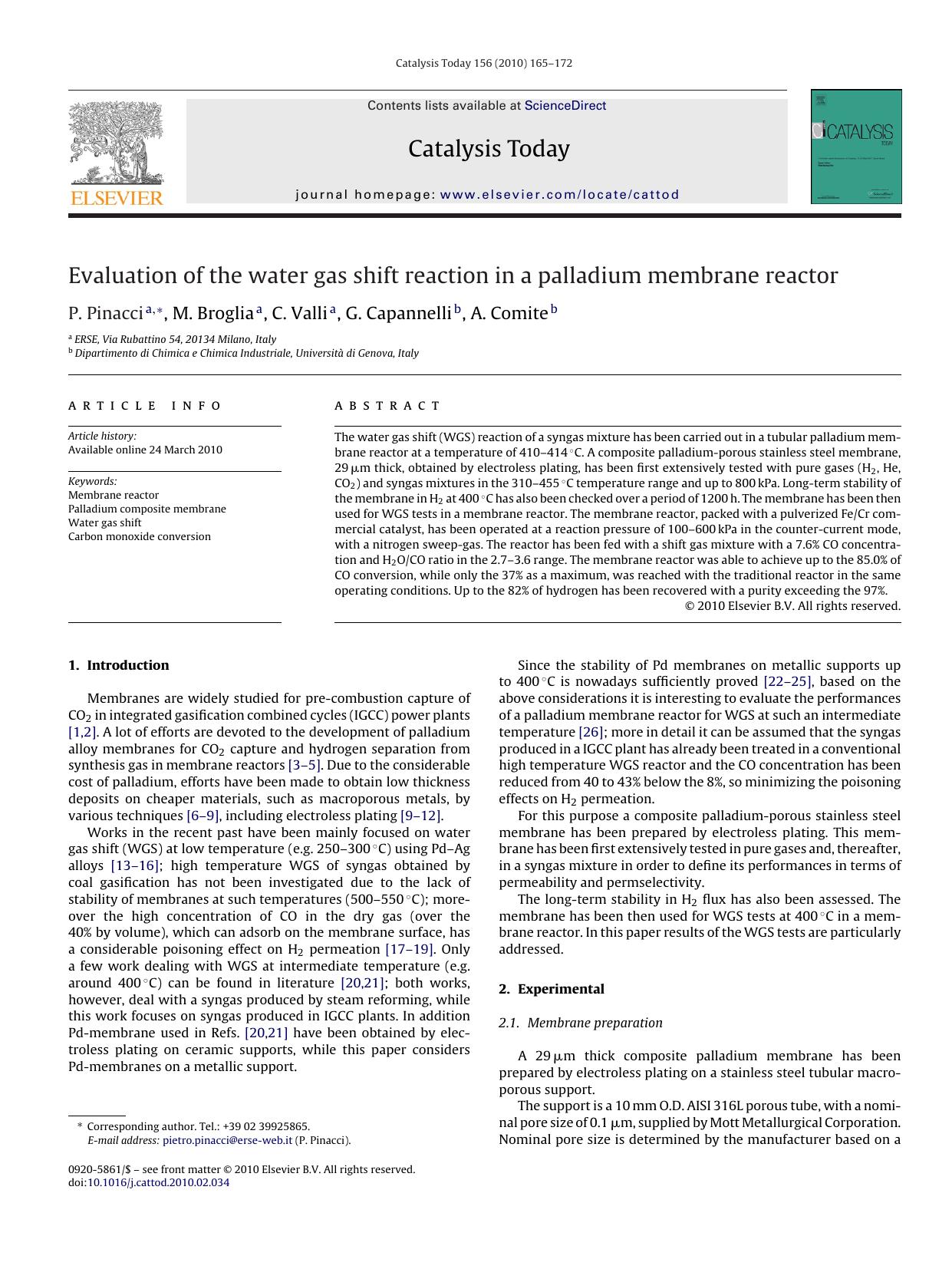 Evaluation of the water gas shift reaction in a palladium membrane reactor by P. Pinacci