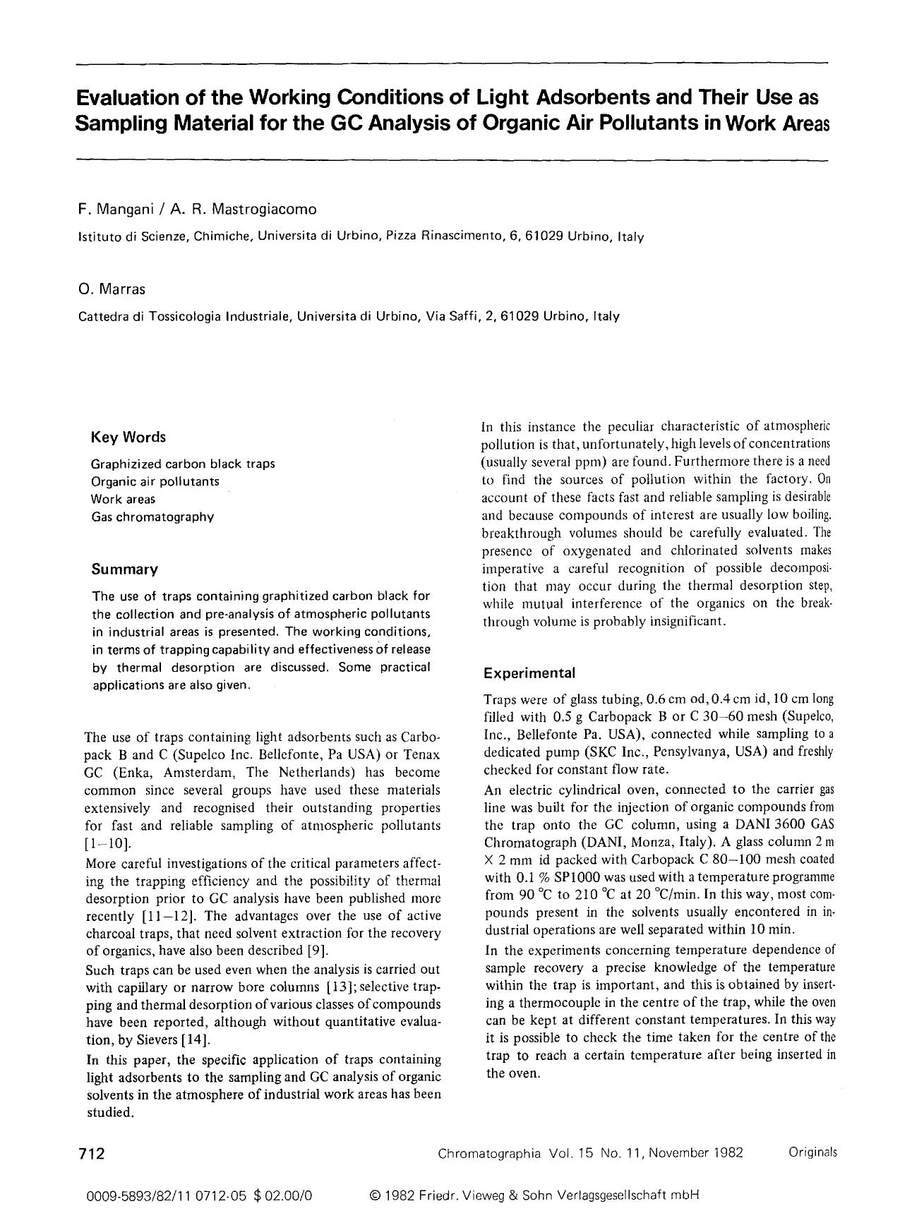 Evaluation of the working conditions of light adsorbents and their use as sampling material for the GC analysis of organic air pollutants in work areas by Unknown