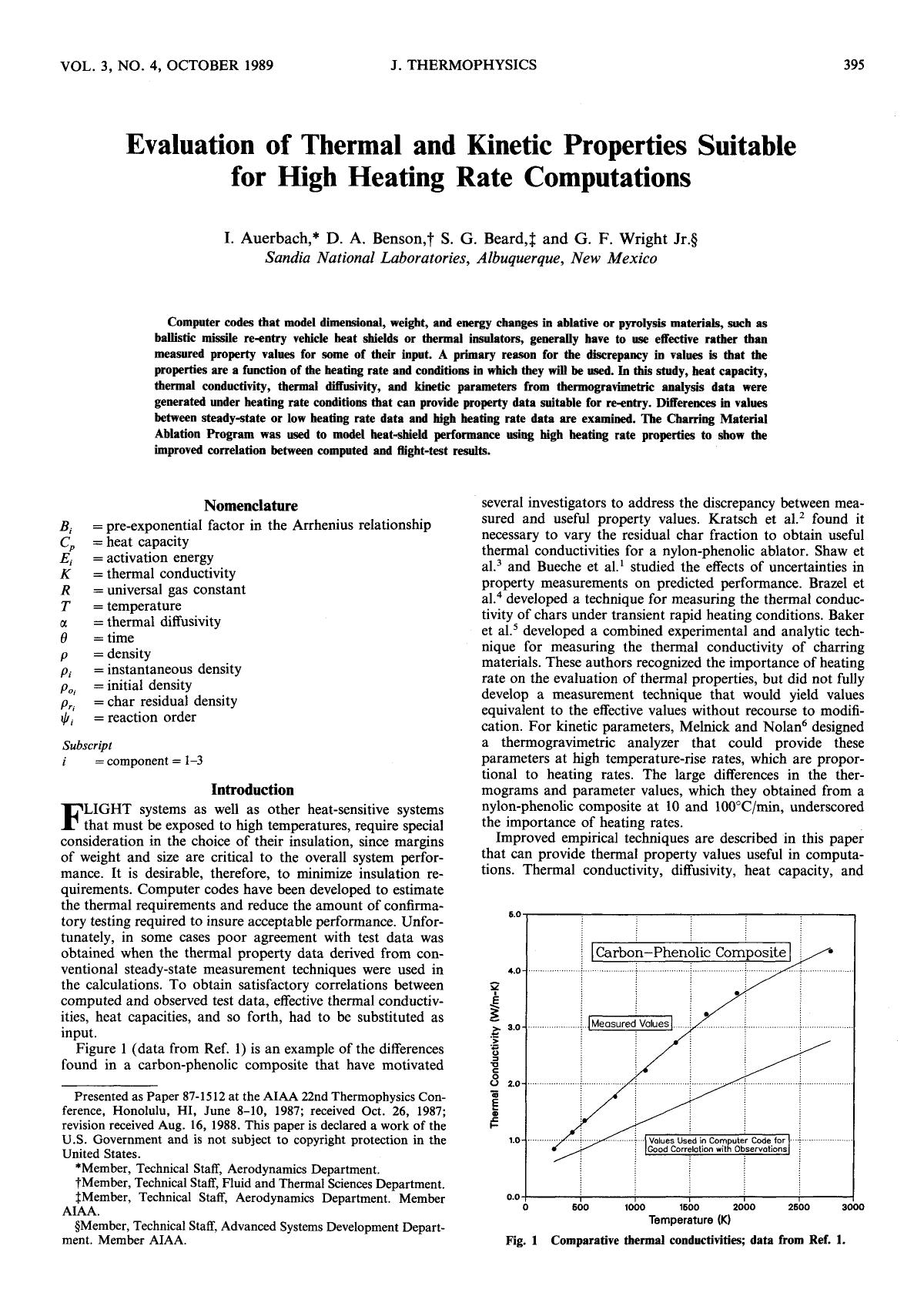 Evaluation of thermal and kinetic properties suitable for high heating rate computations by Unknown
