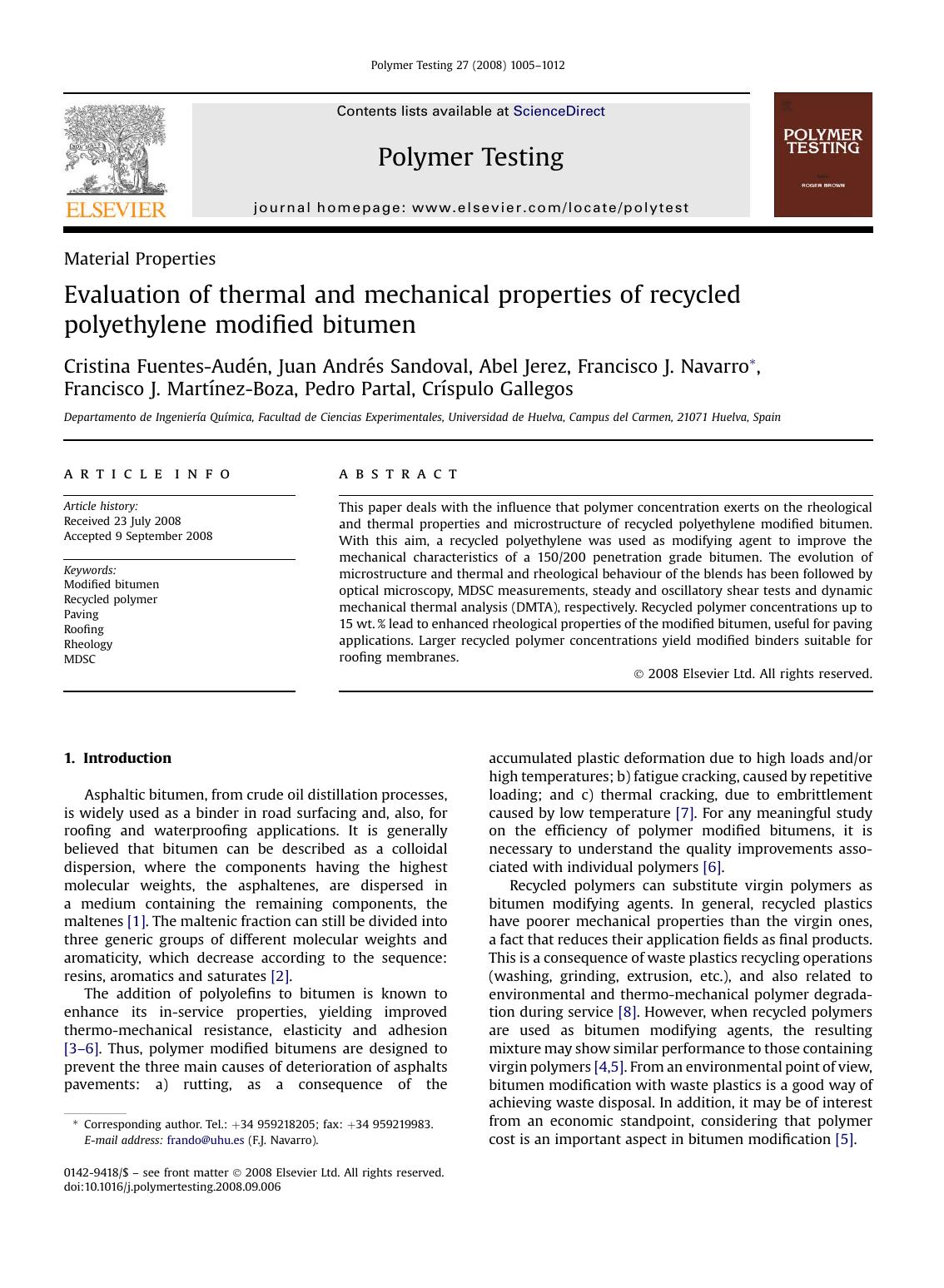 Evaluation of thermal and mechanical properties of recycled polyethylene modified bitumen by unknow