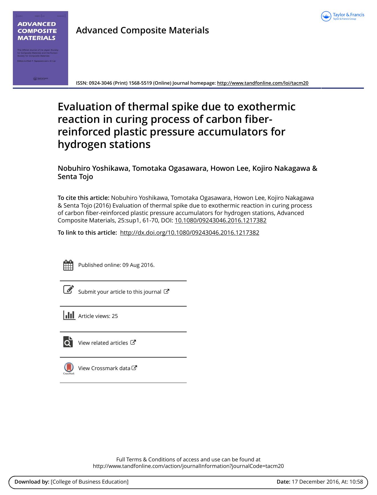 Evaluation of thermal spike due to exothermic reaction in curing process of carbon fiber-reinforced plastic pressure accumulators for hydrogen stations by Nobuhiro Yoshikawa & Tomotaka Ogasawara & Howon Lee & Kojiro Nakagawa & Senta Tojo