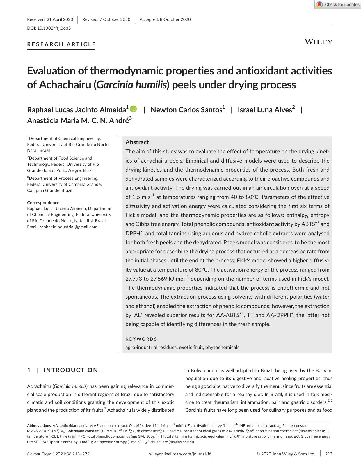 Evaluation of thermodynamic properties and antioxidant activities of Achachairu (Garcinia humilis) peels under drying process by Unknown