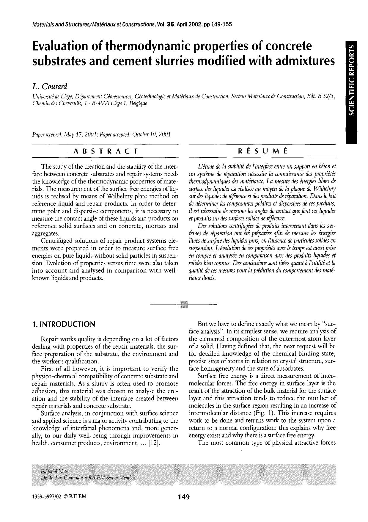 Evaluation of thermodynamic properties of concrete substrates and cement slurries modified with admixtures by Unknown
