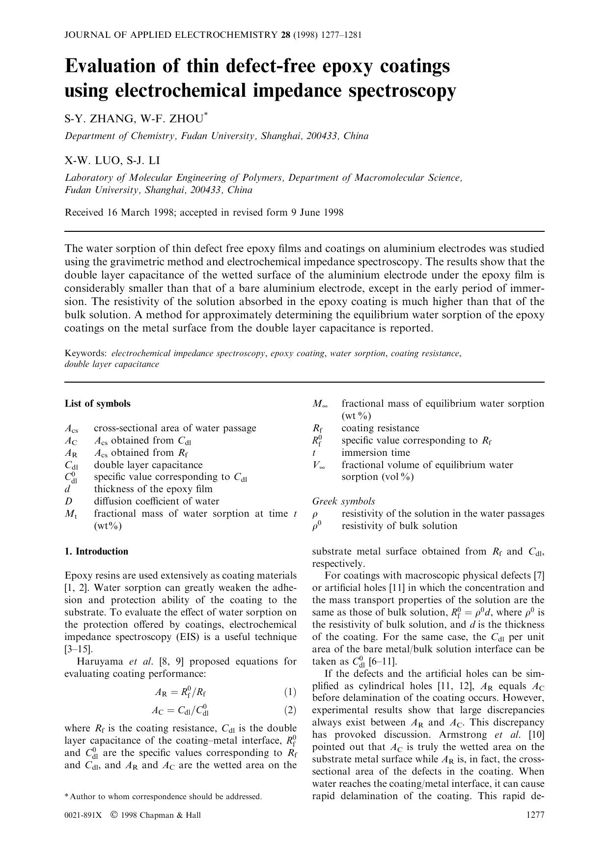 Evaluation of thin defect-free epoxy coatings using electrochemical impedance spectroscopy by Unknown