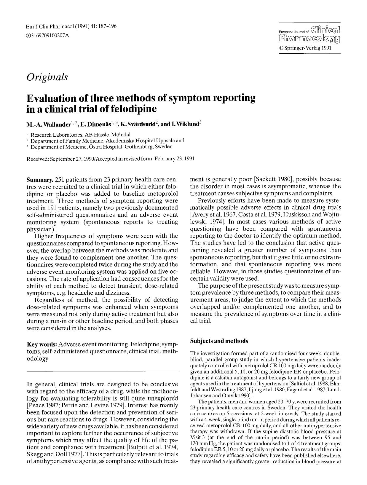 Evaluation of three methods of symptom reporting in a clinical trial of felodipine by Unknown